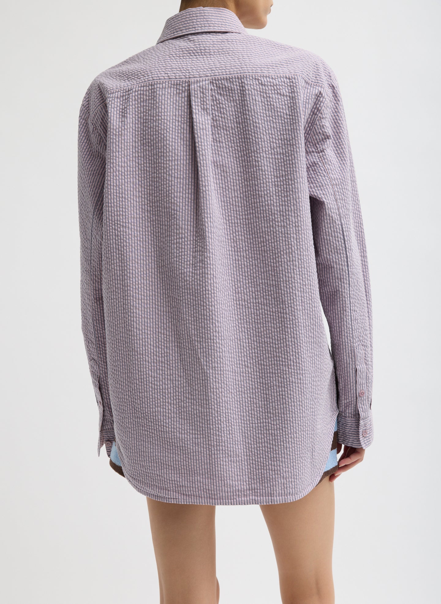 Mauve Striped Garment Dyed Seersucker Classic Shirt - button down, back view on model