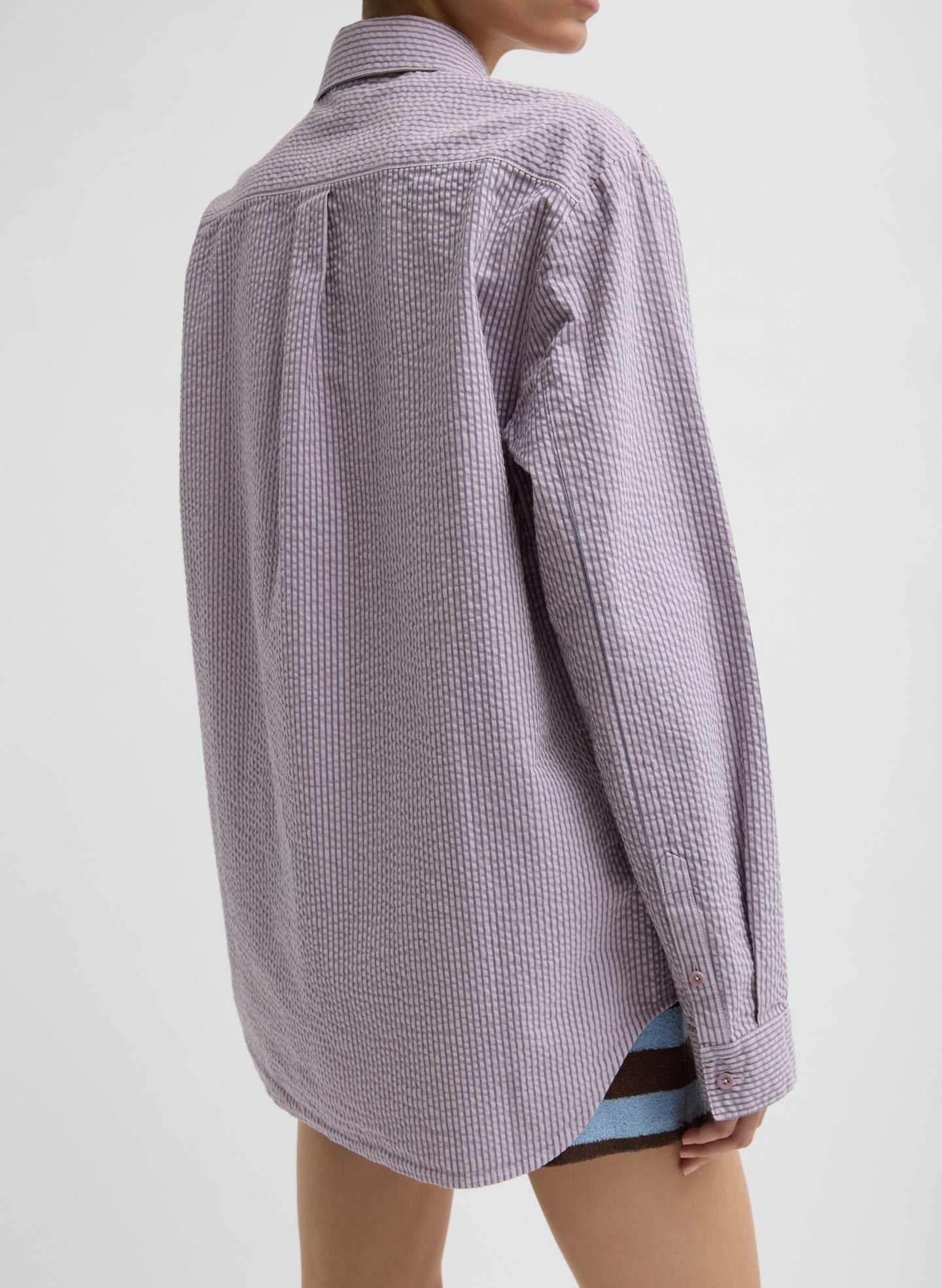 Mauve Striped Garment Dyed Seersucker Classic Shirt - button down, back view on model