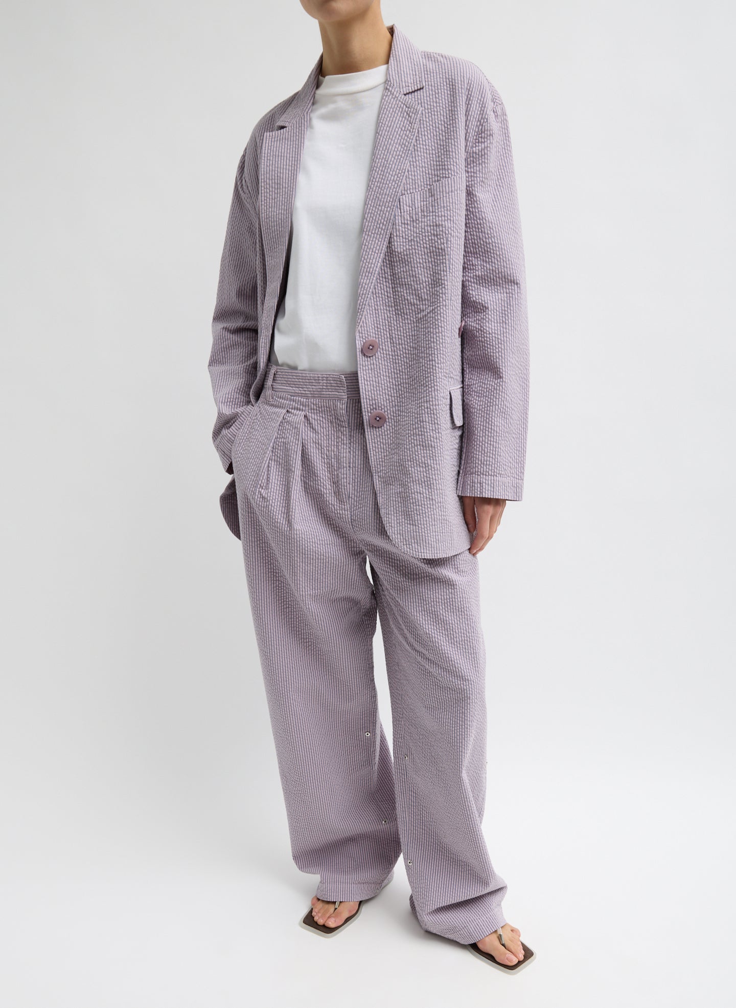 Mauve Striped Garment Dyed Seersucker Liam Blazer - full look, front view on model