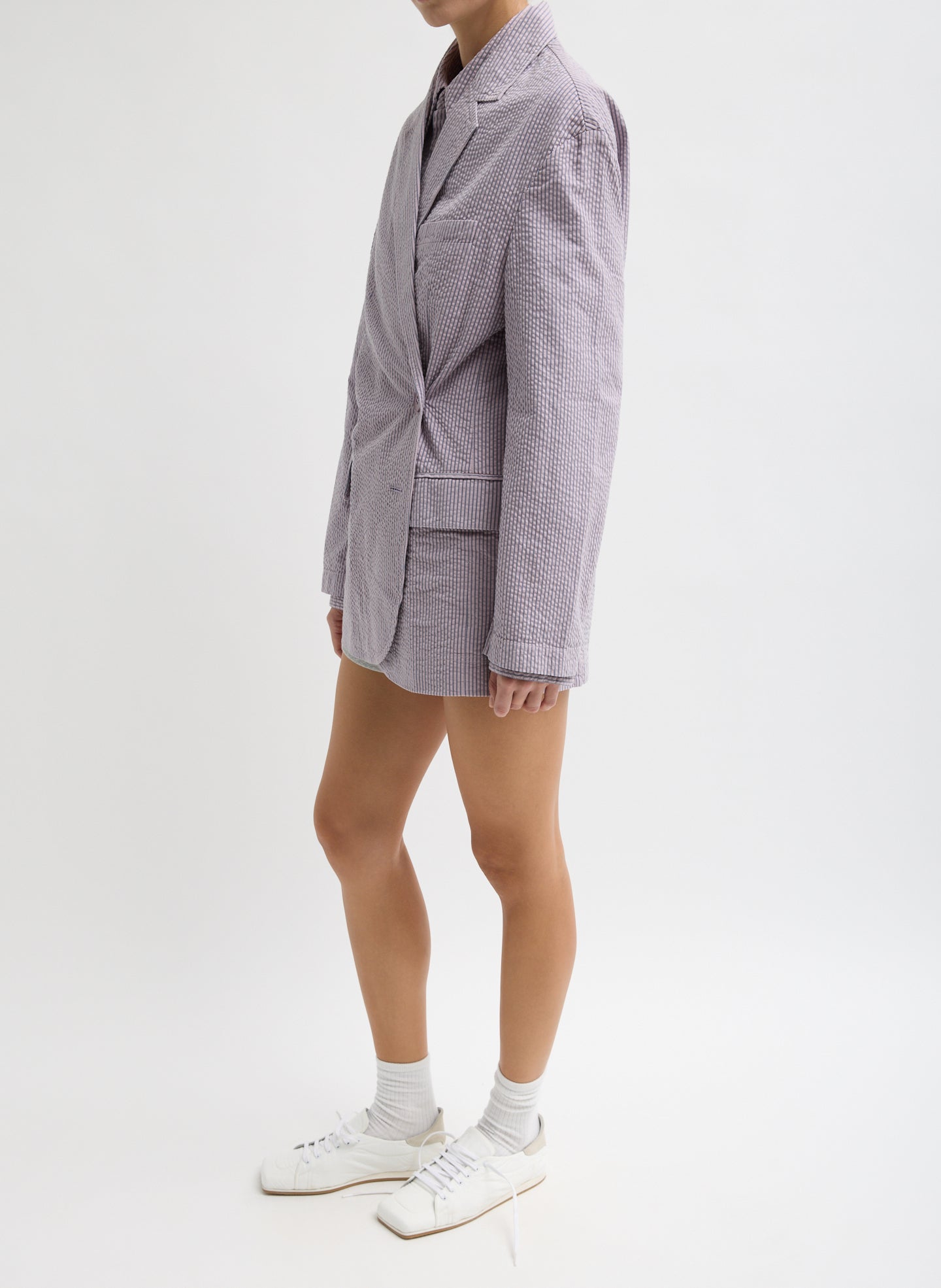 Mauve Striped Garment Dyed Seersucker Liam Blazer - full look, side view on model