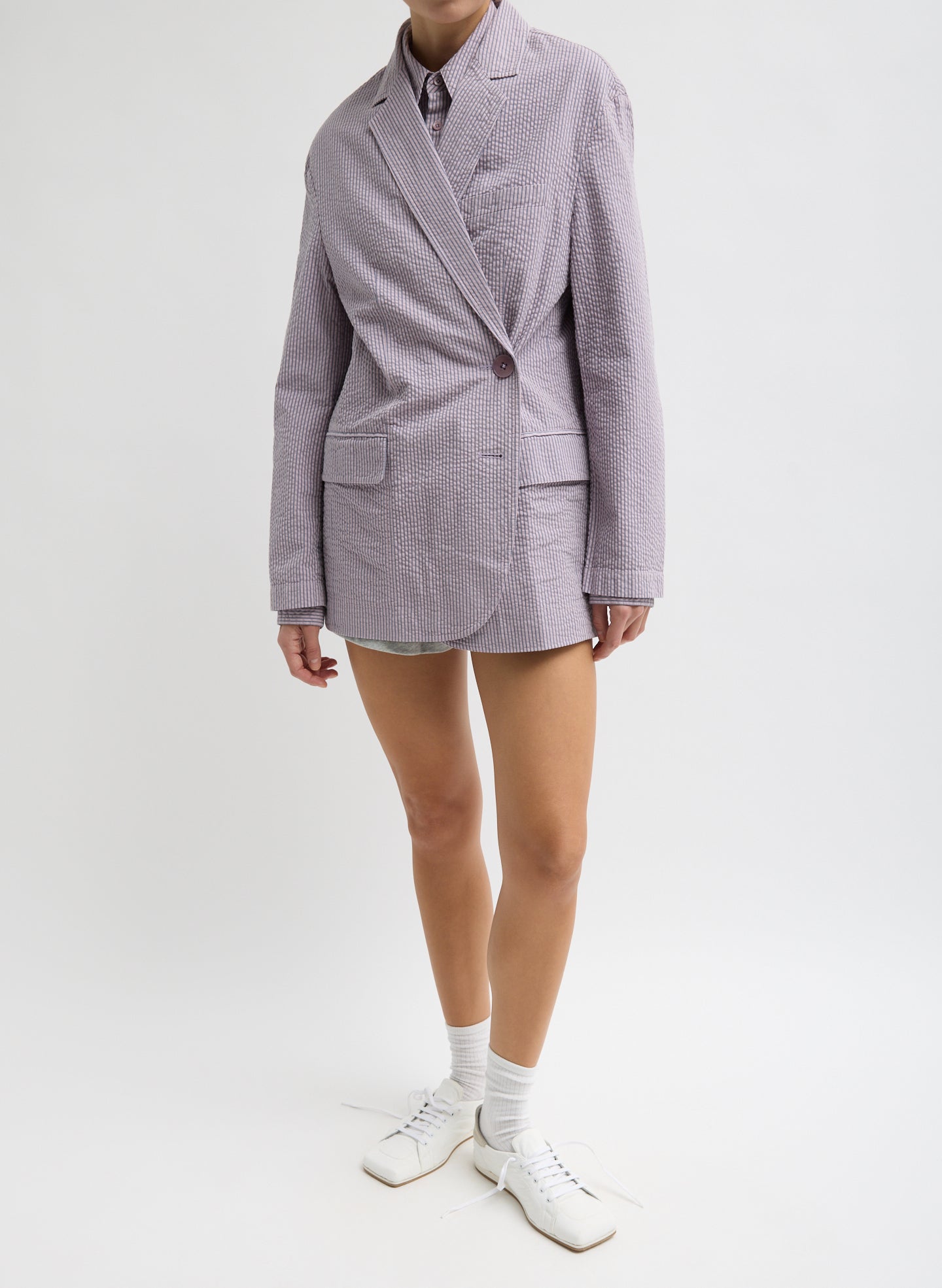 Mauve Striped Garment Dyed Seersucker Liam Blazer - oversized blazer, front view on model