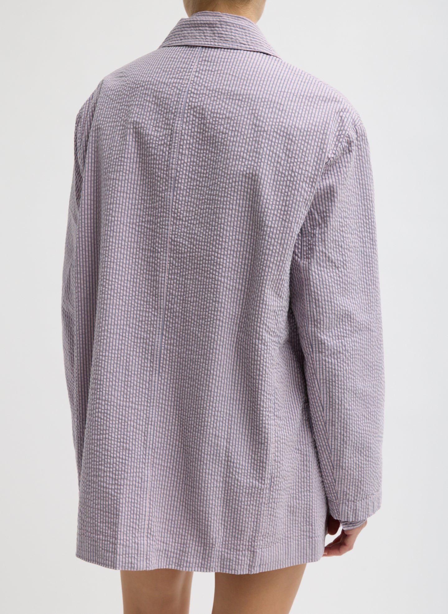 Mauve Striped Garment Dyed Seersucker Liam Blazer - oversized blazer, back view on model