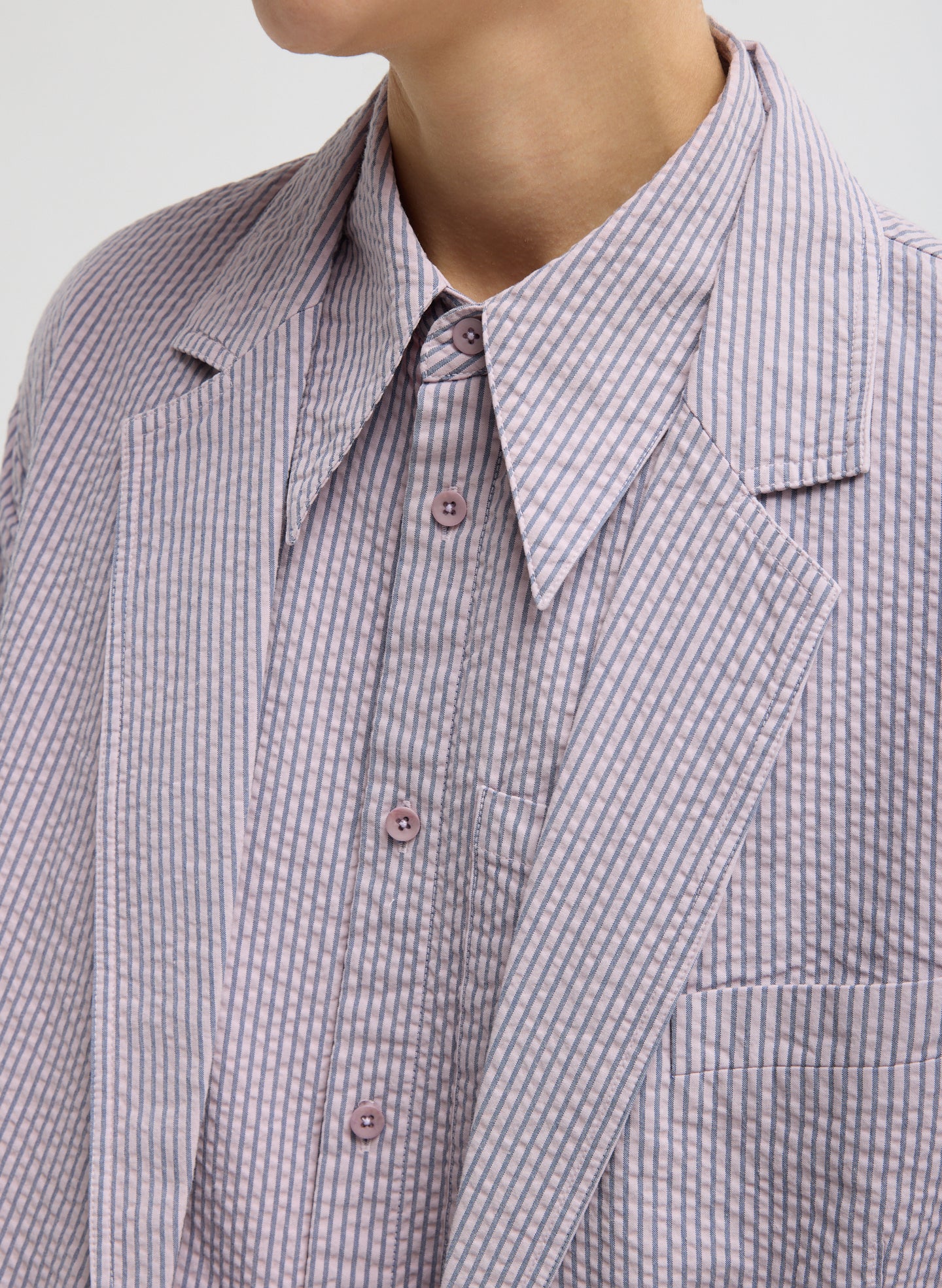 Mauve Striped Garment Dyed Seersucker Liam Blazer - closeup of seersucker fabric and lapel details