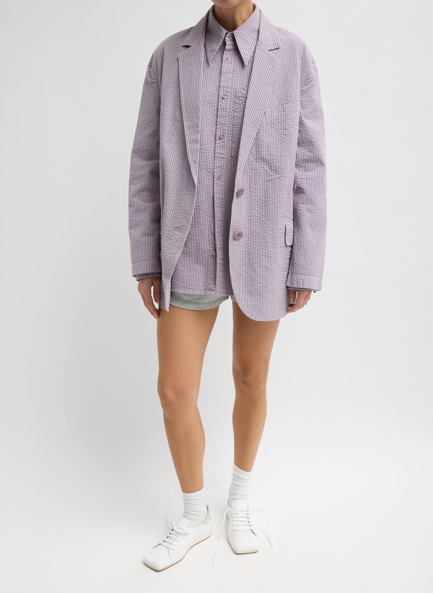 Mauve Striped Garment Dyed Seersucker Liam Blazer - full look, front view on model