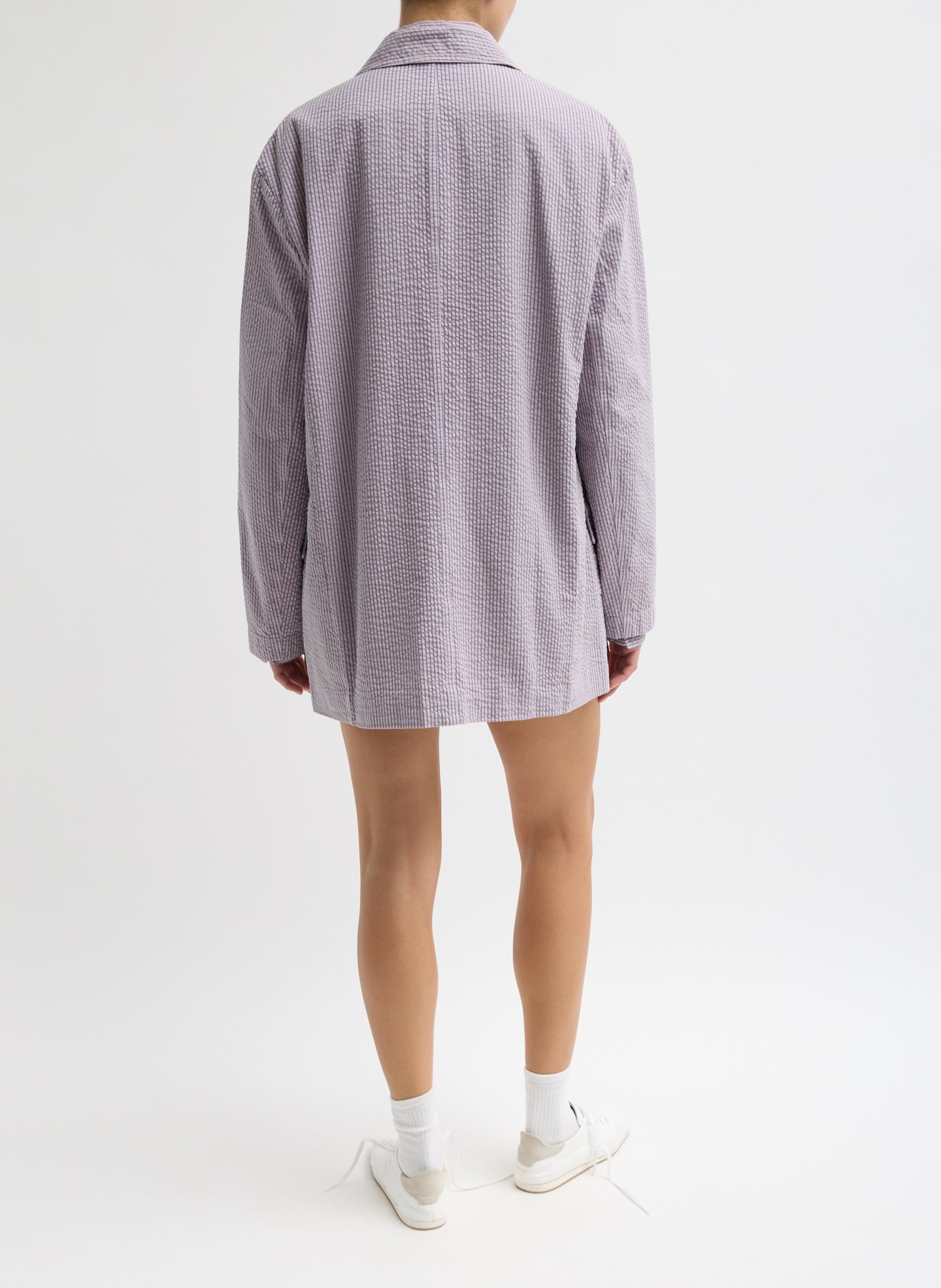 Mauve Striped Garment Dyed Seersucker Liam Blazer - oversized blazer, back view on model