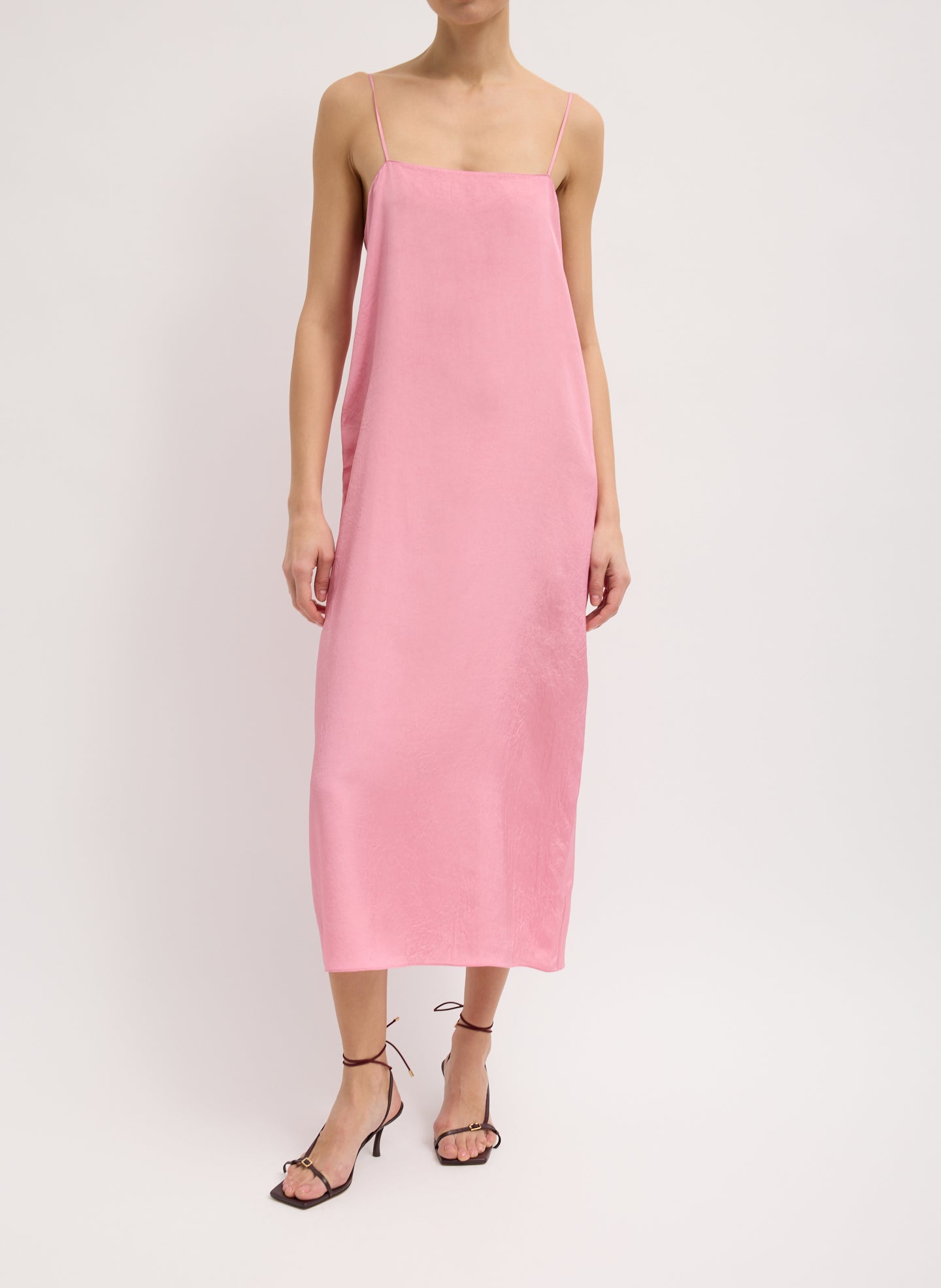 Pink Summer Acetate Crinkle Slip Dress - sleeveless midi dress, front view on model