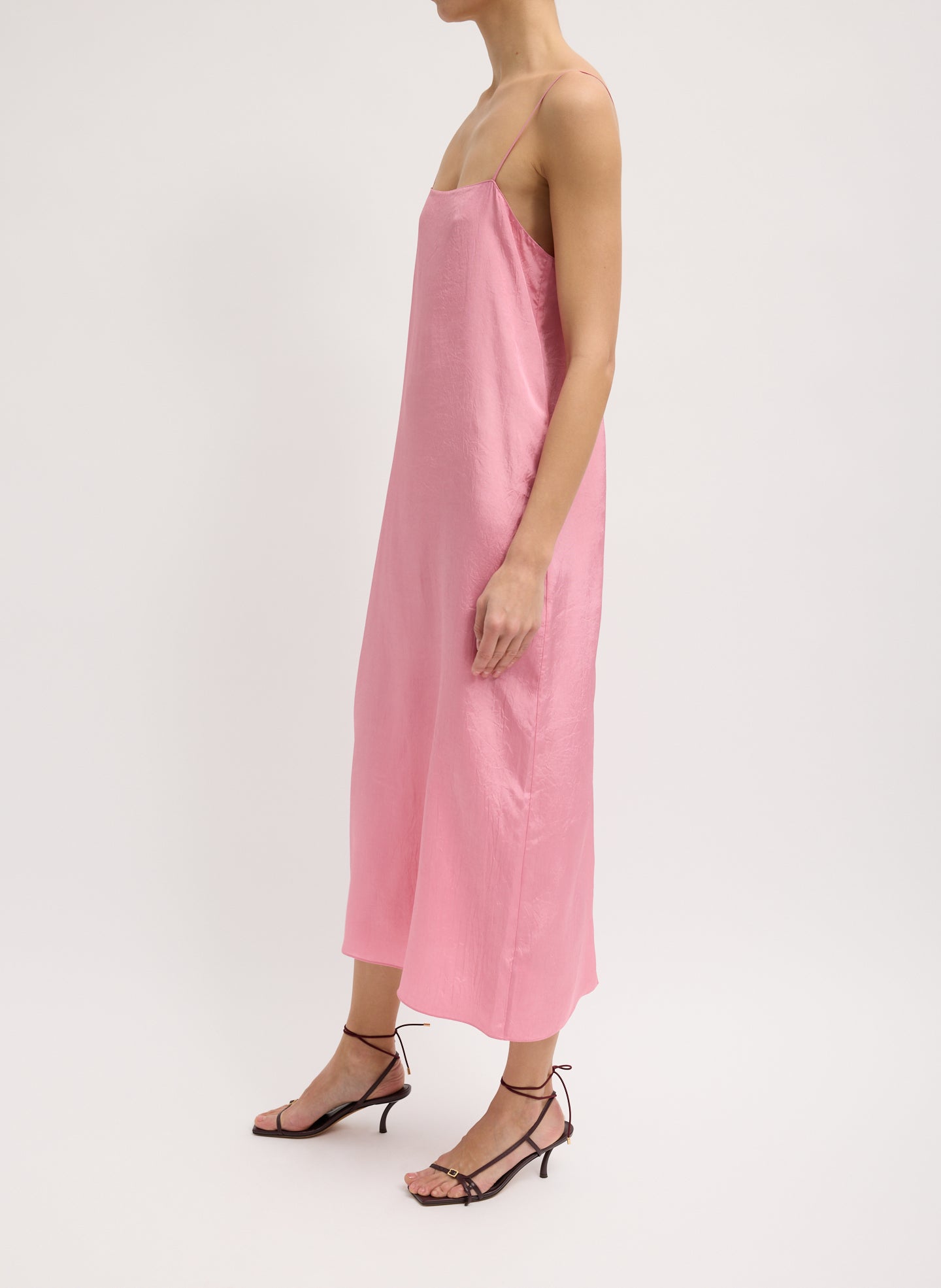Pink Summer Acetate Crinkle Slip Dress - sleeveless midi dress, side view on model