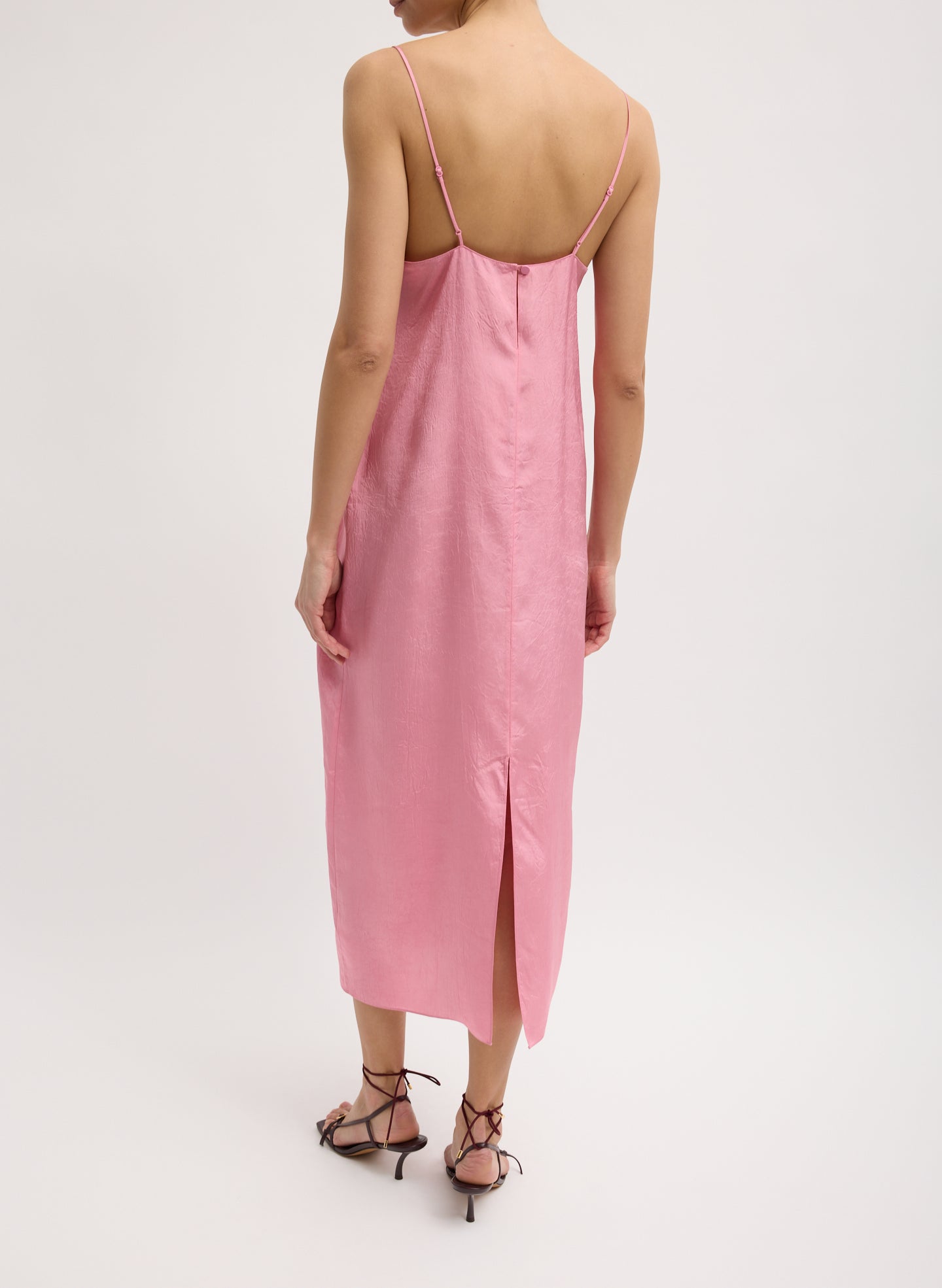 Pink Summer Acetate Crinkle Slip Dress - sleeveless midi dress, back view on model