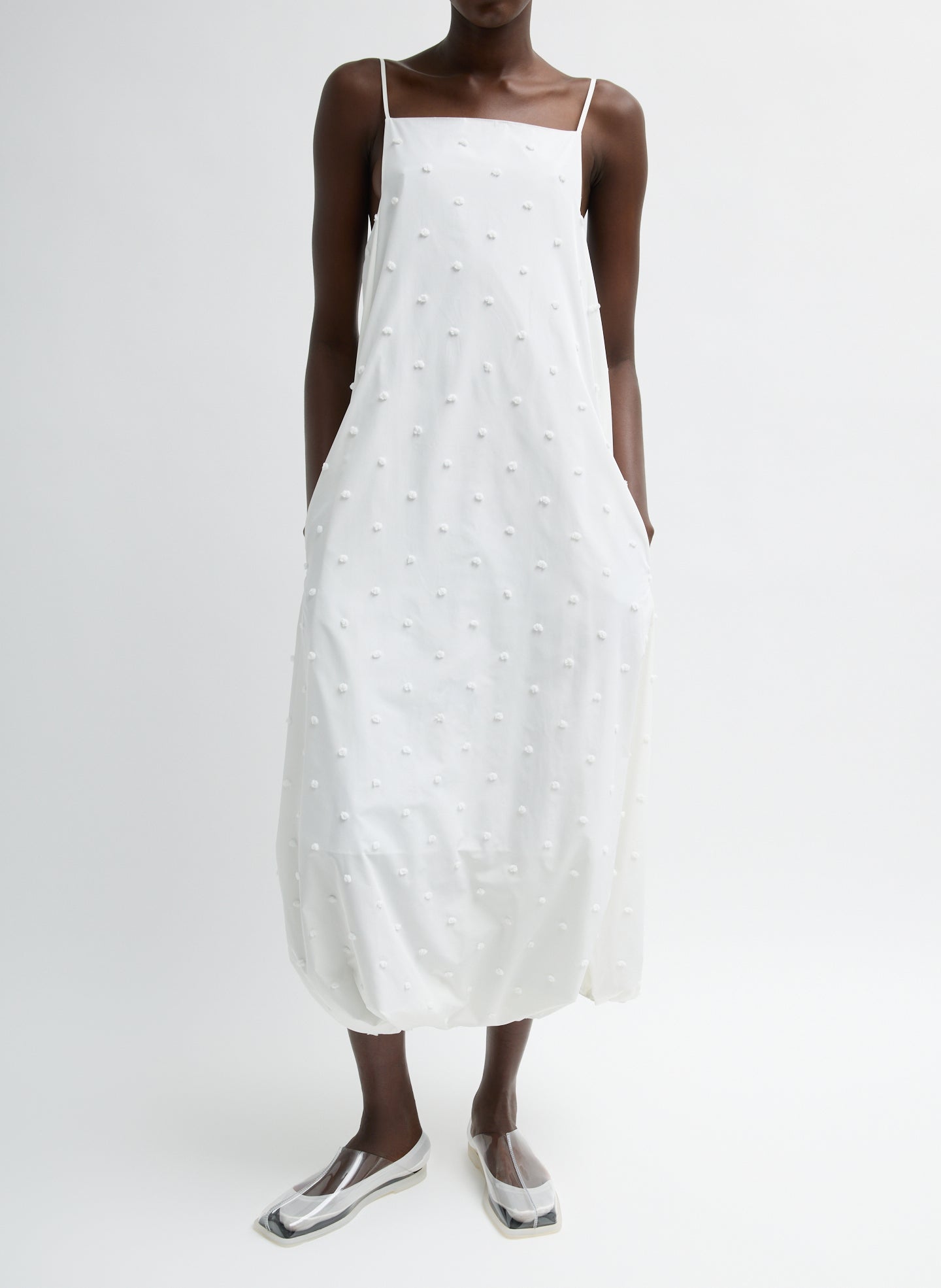 White Tech Swiss Dot Square Neck Cami Dress - sleeveless, front view on model