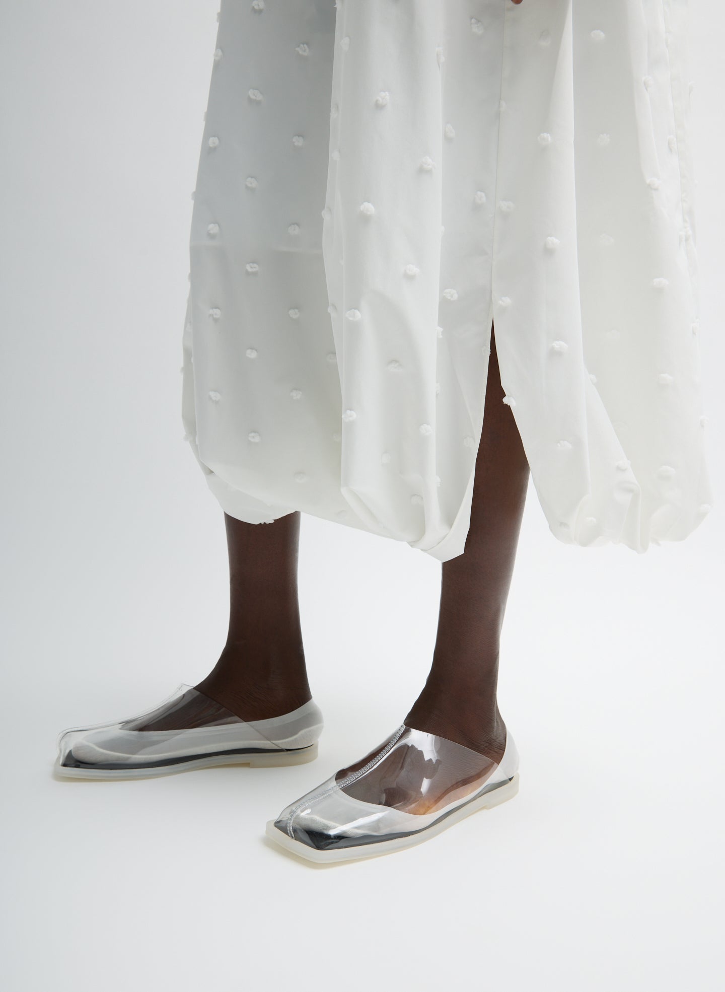 White Tech Swiss Dot Square Neck Cami Dress - closeup of puffed hem detail