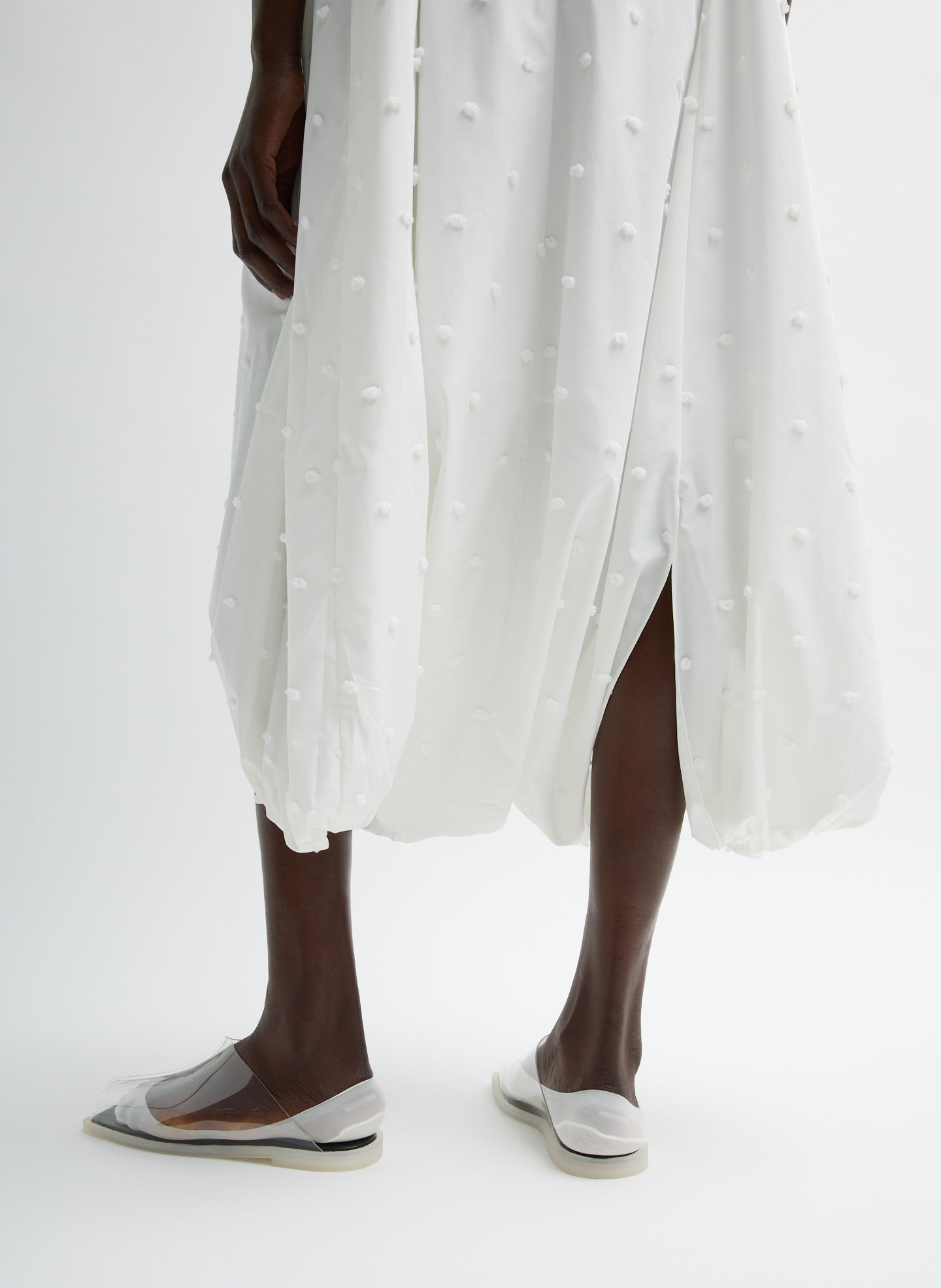 White Tech Swiss Dot Square Neck Cami Dress - closeup of back vent detail