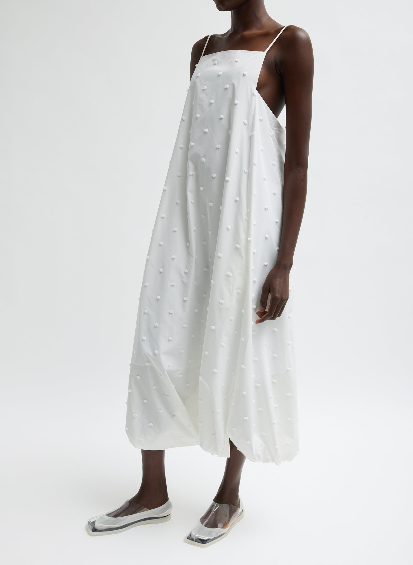 White Tech Swiss Dot Square Neck Cami Dress - sleeveless, side view on model