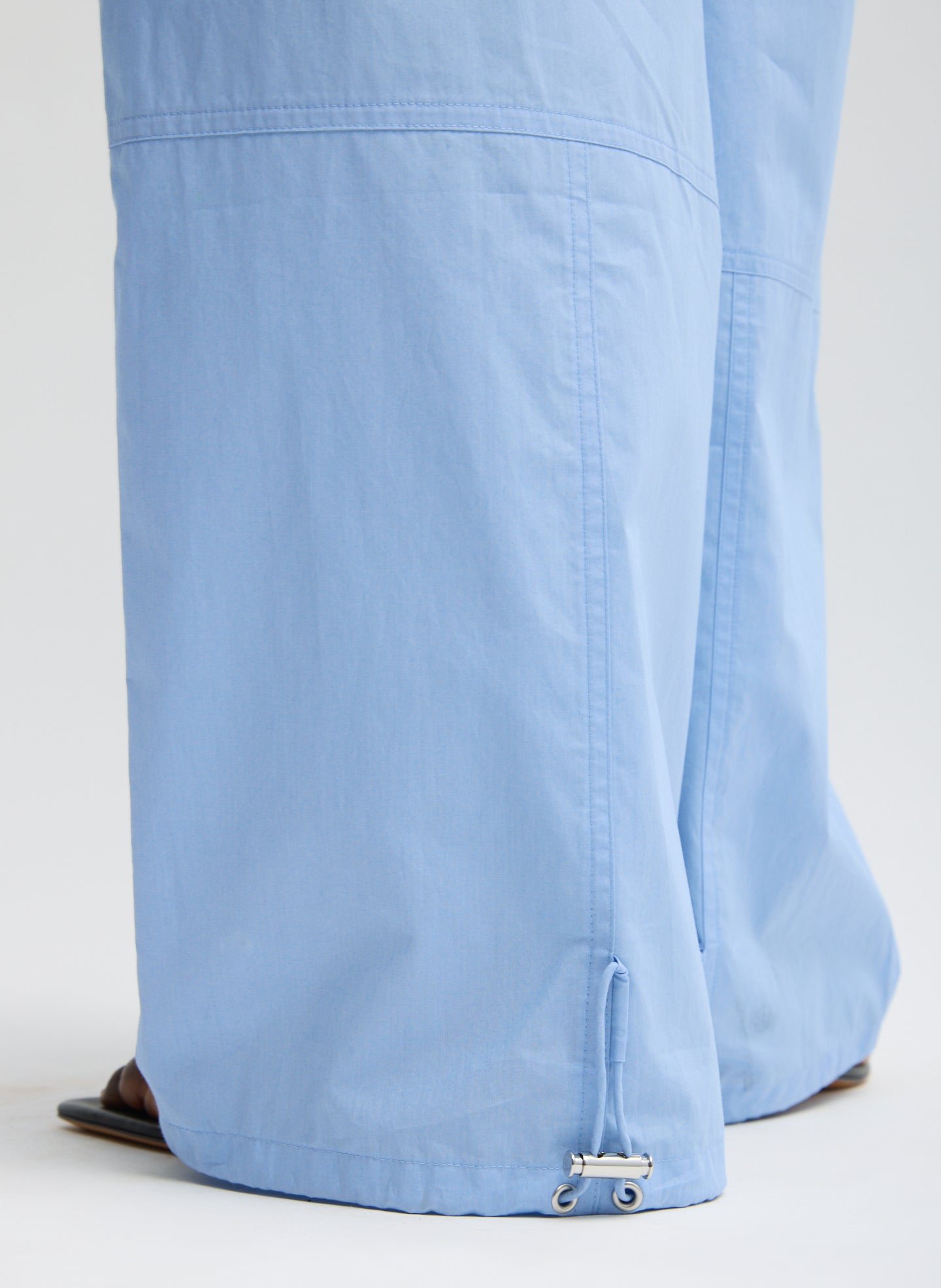Blue Vintage Cotton Wide Leg Pull On Cargo Pant - closeup of drawstring detail at hem