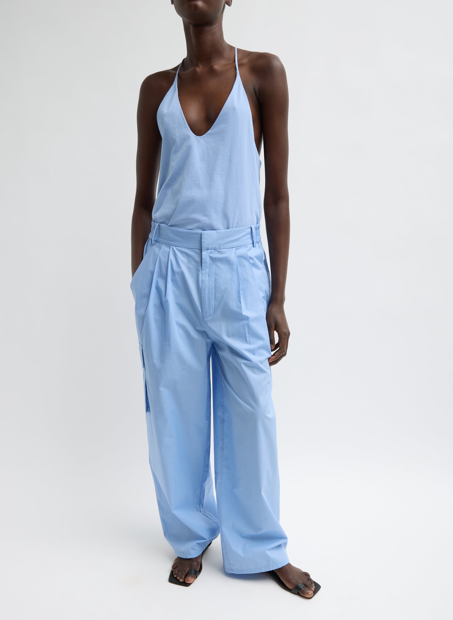Blue Vintage Cotton Wide Leg Pull On Cargo Pant - front view on model