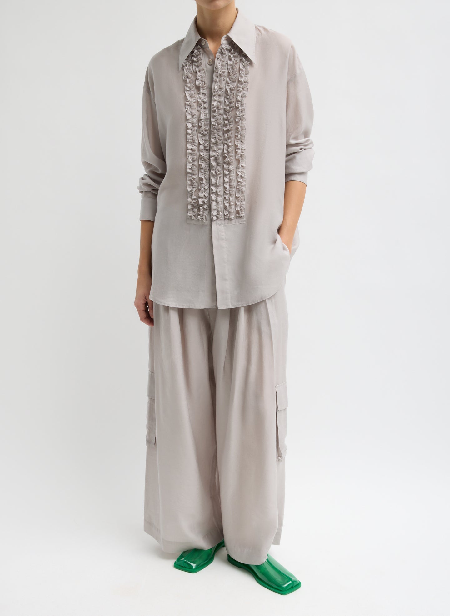 Light Stone Grey Silk Voile Cargo Triple Pleat Pant - front view on model