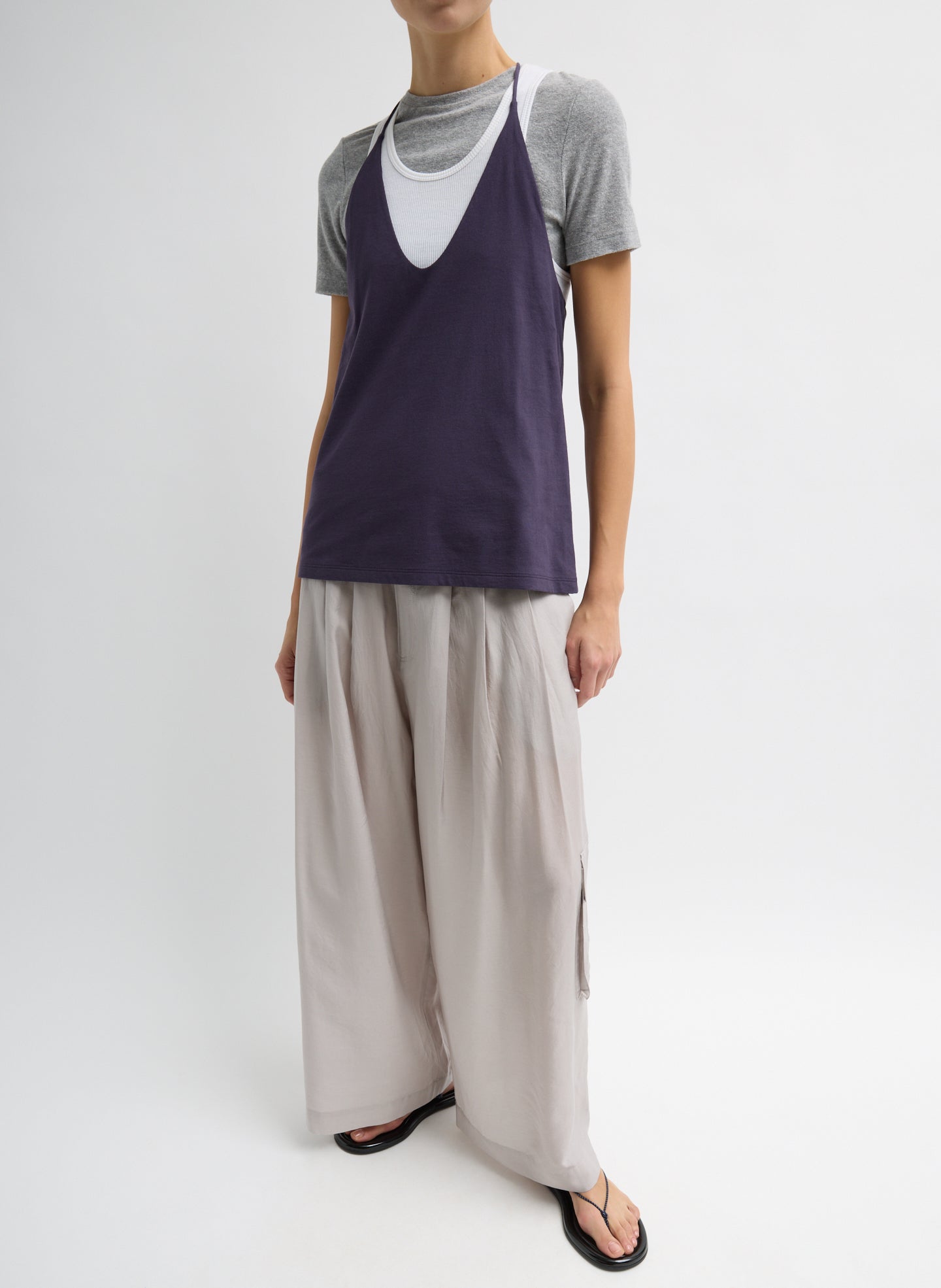 Light Stone Grey Silk Voile Cargo Triple Pleat Pant - front view on model
