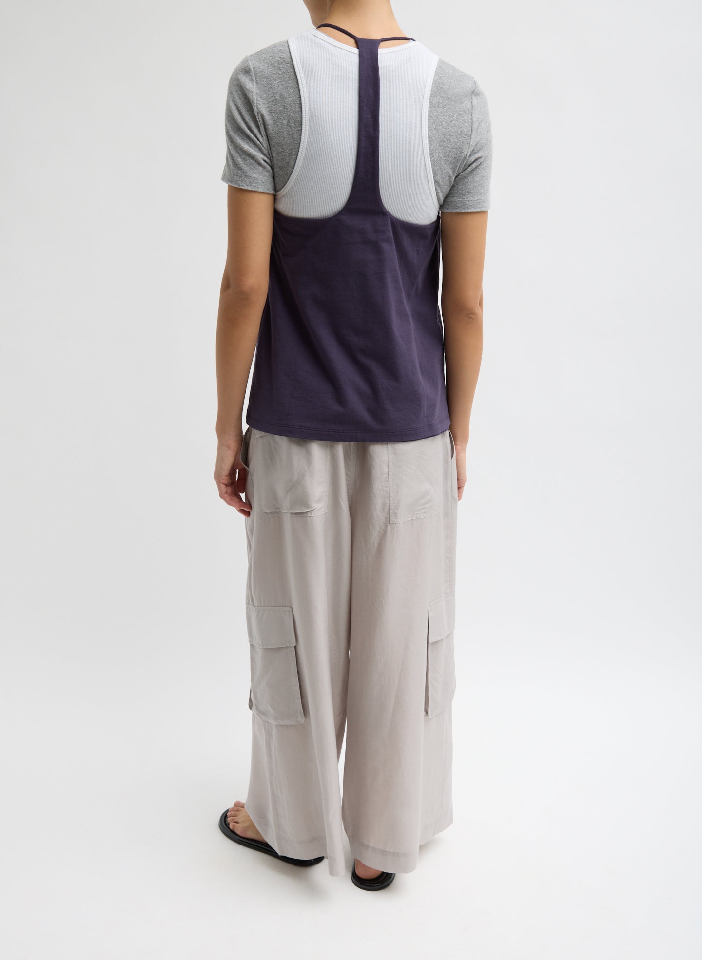 Light Stone Grey Silk Voile Cargo Triple Pleat Pant - back view on model