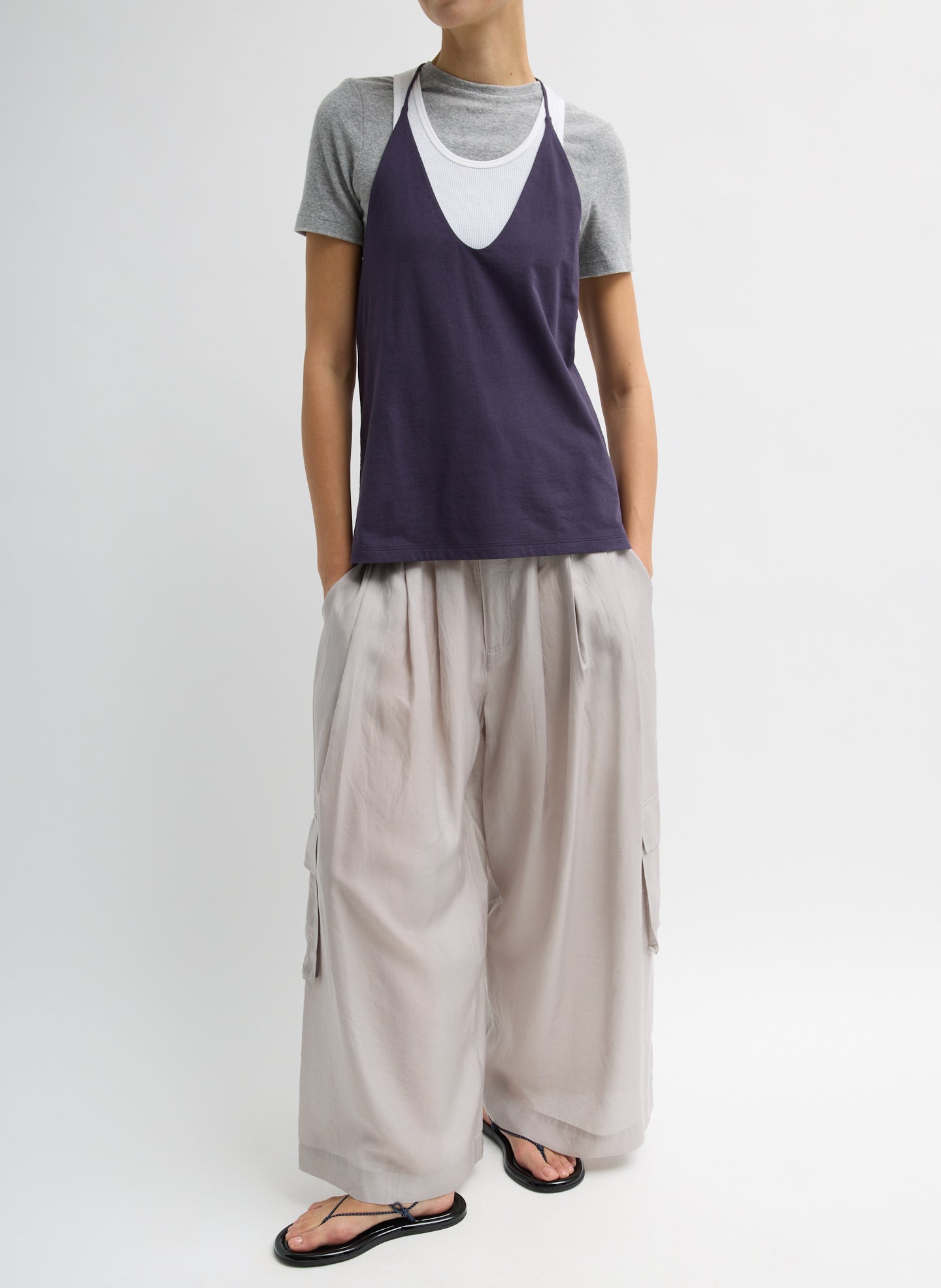 Light Stone Grey Silk Voile Cargo Triple Pleat Pant - front view on model