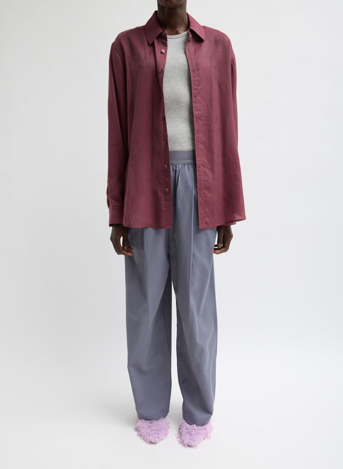 Light Mulberry Red Silk Voile Charlie Men's Slim Shirt - button down, full look, front view on model