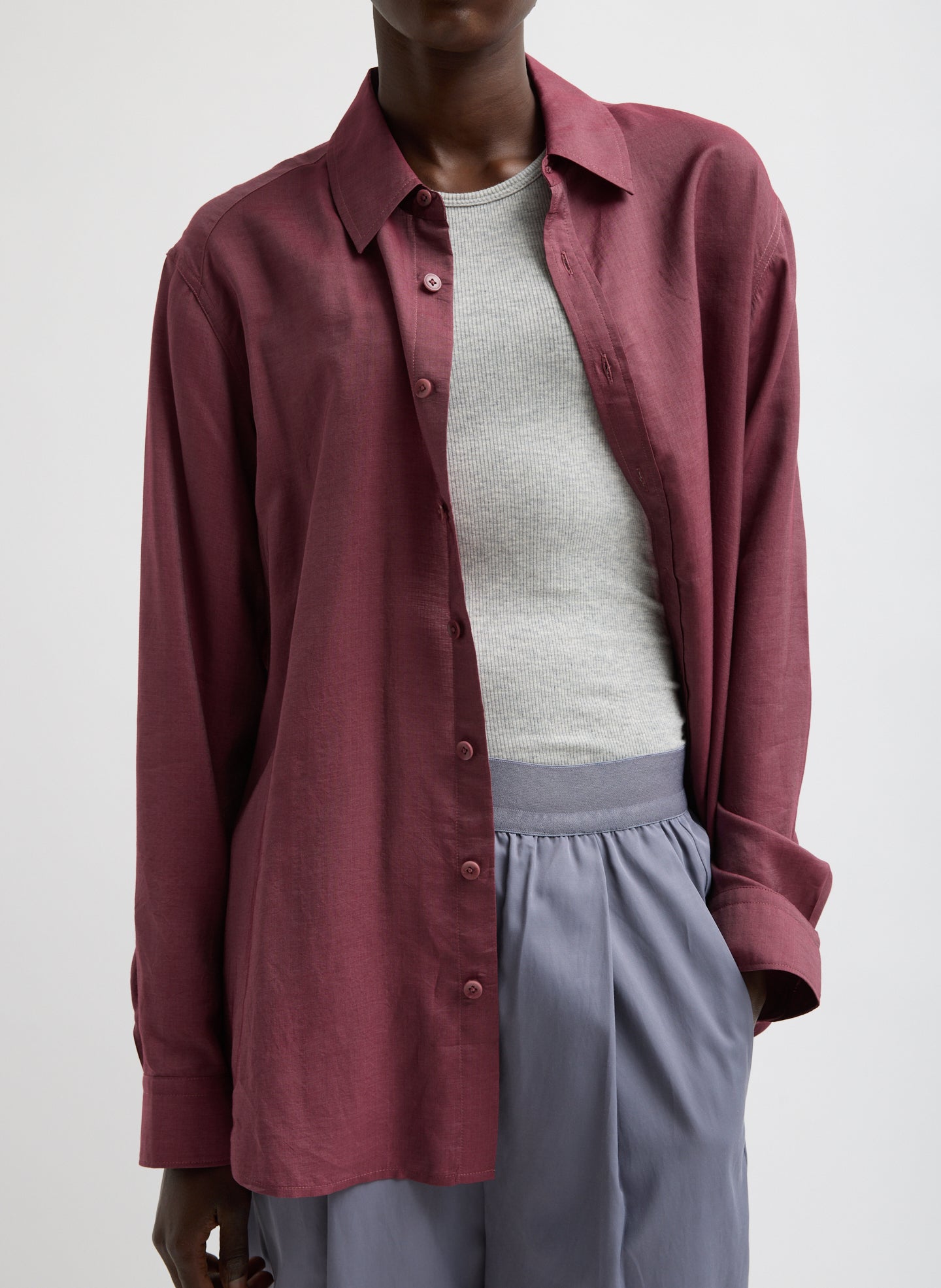 Light Mulberry Red Silk Voile Charlie Men's Slim Shirt - button down, unbuttoned, front view on model