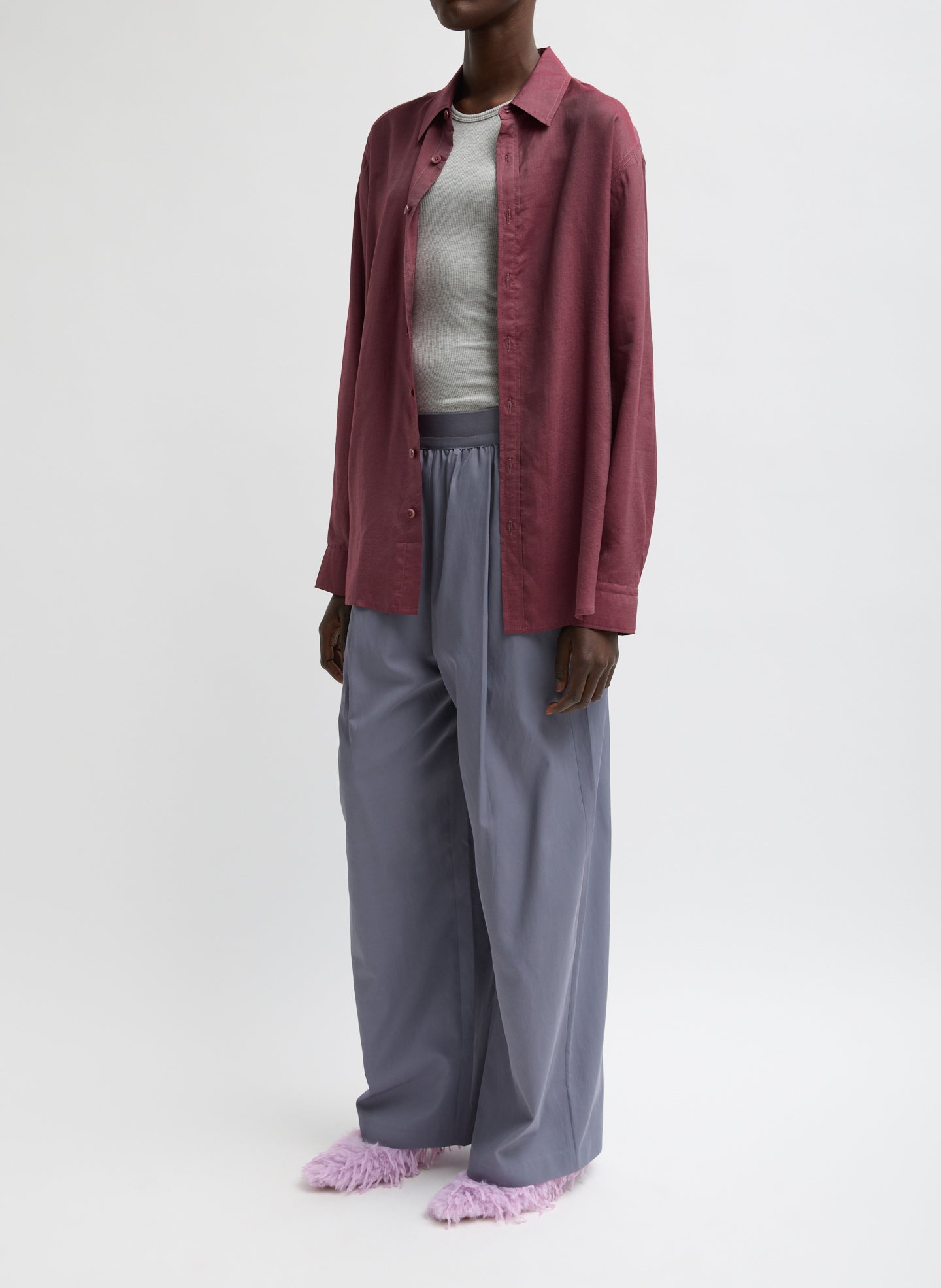 Light Mulberry Red Silk Voile Charlie Men's Slim Shirt - button down, full look side view on model