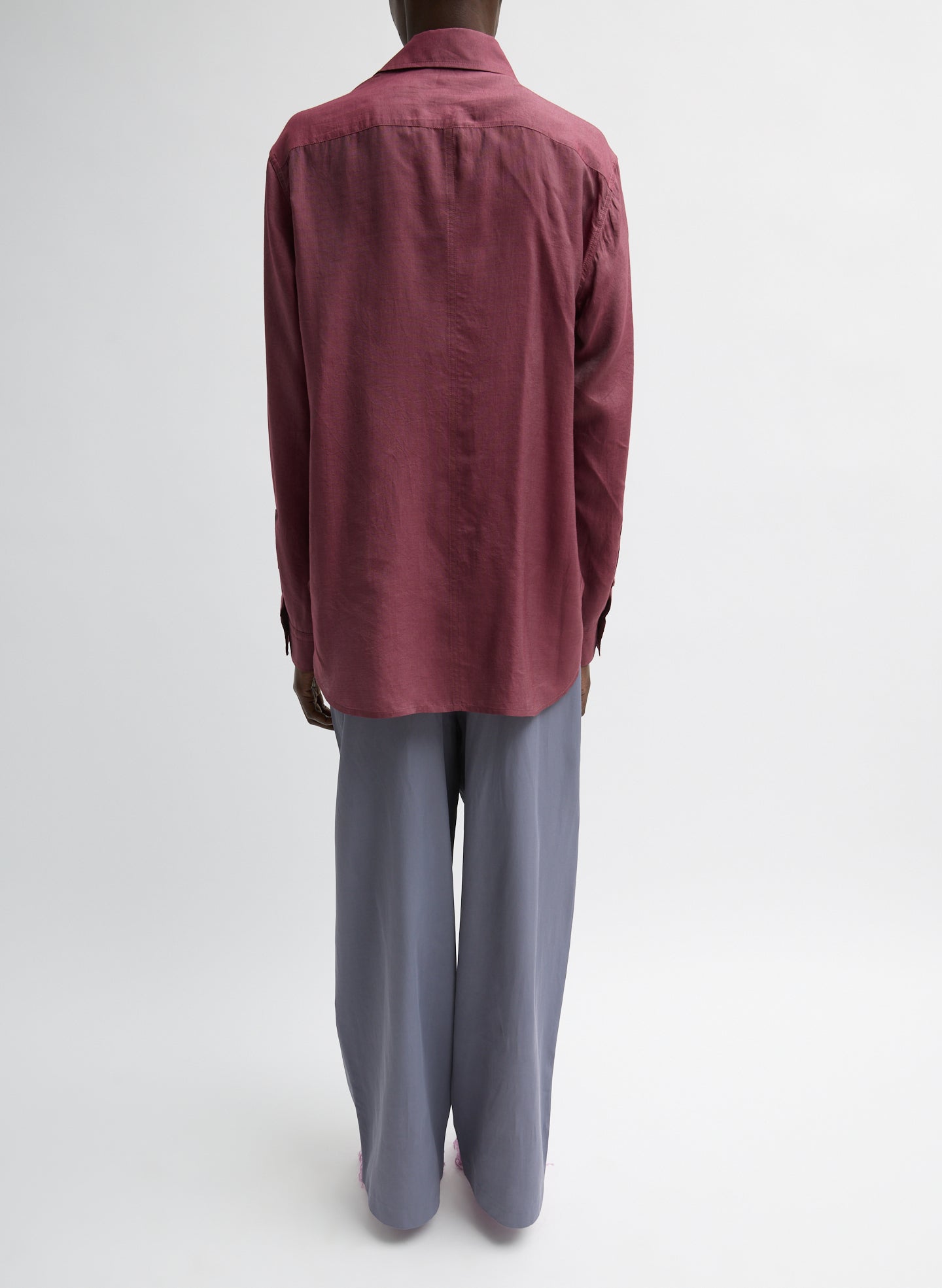 Light Mulberry Red Silk Voile Charlie Men's Slim Shirt - button down, back view on model