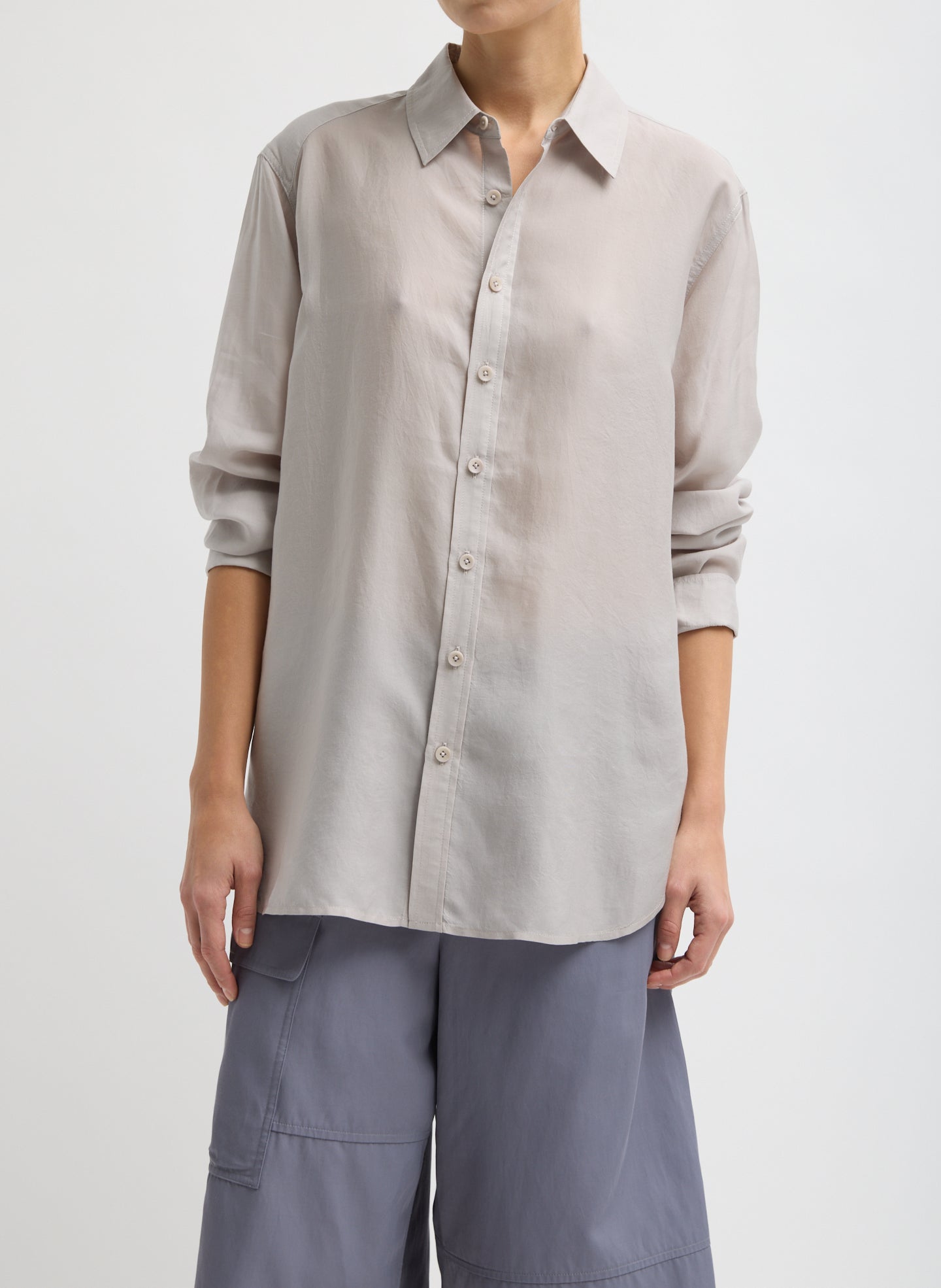 Stone Grey Silk Voile Charlie Men's Slim Shirt - button down, front view on model