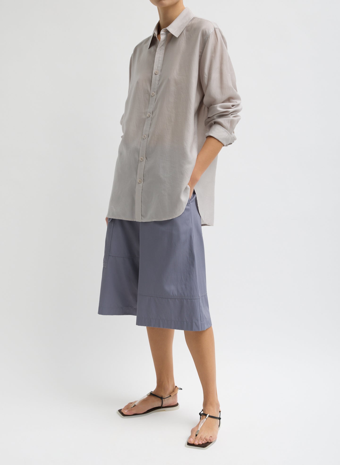 Stone Grey Silk Voile Charlie Men's Slim Shirt - button down, side view on model