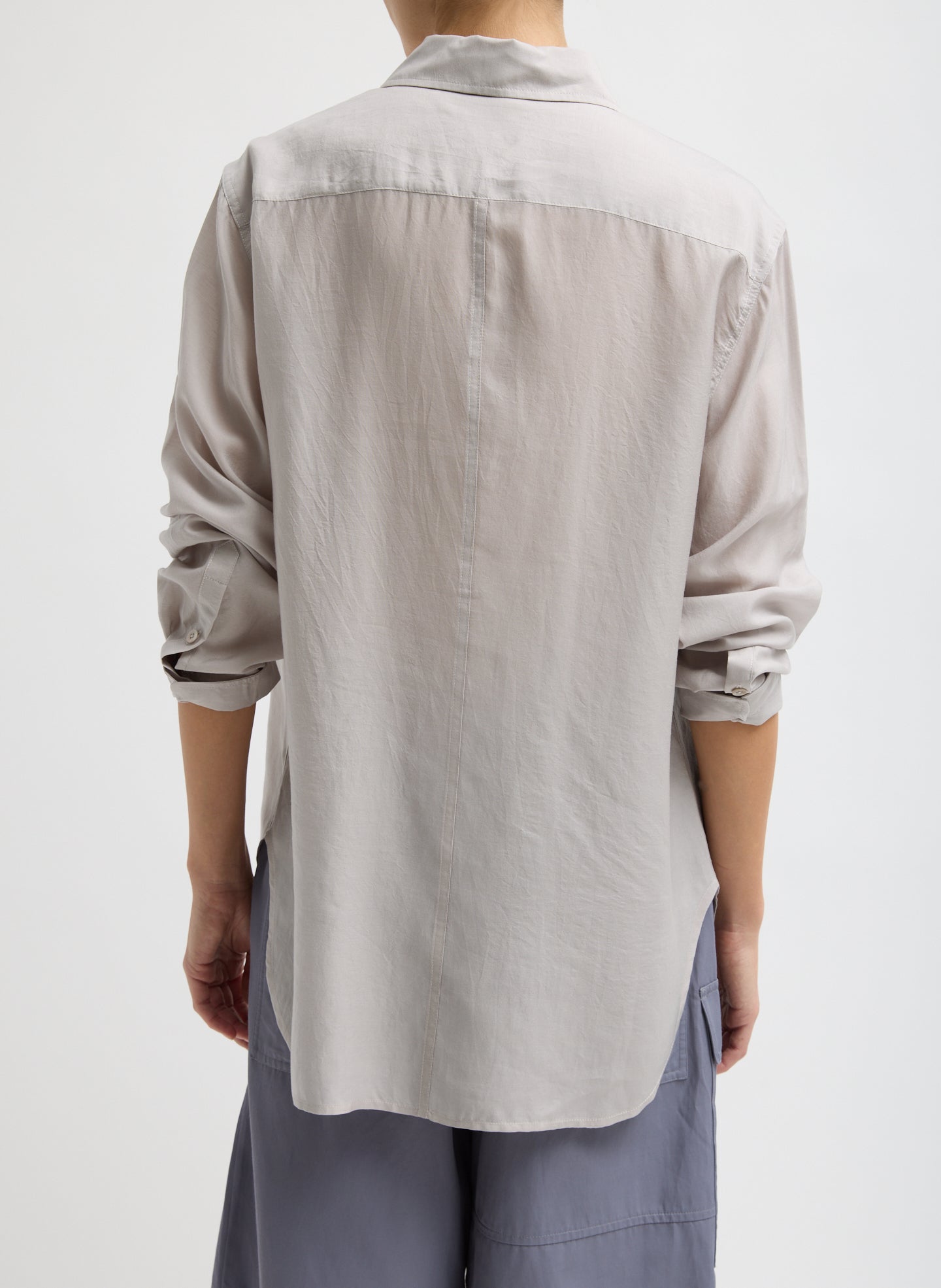 Stone Grey Silk Voile Charlie Men's Slim Shirt - button down, back view on model