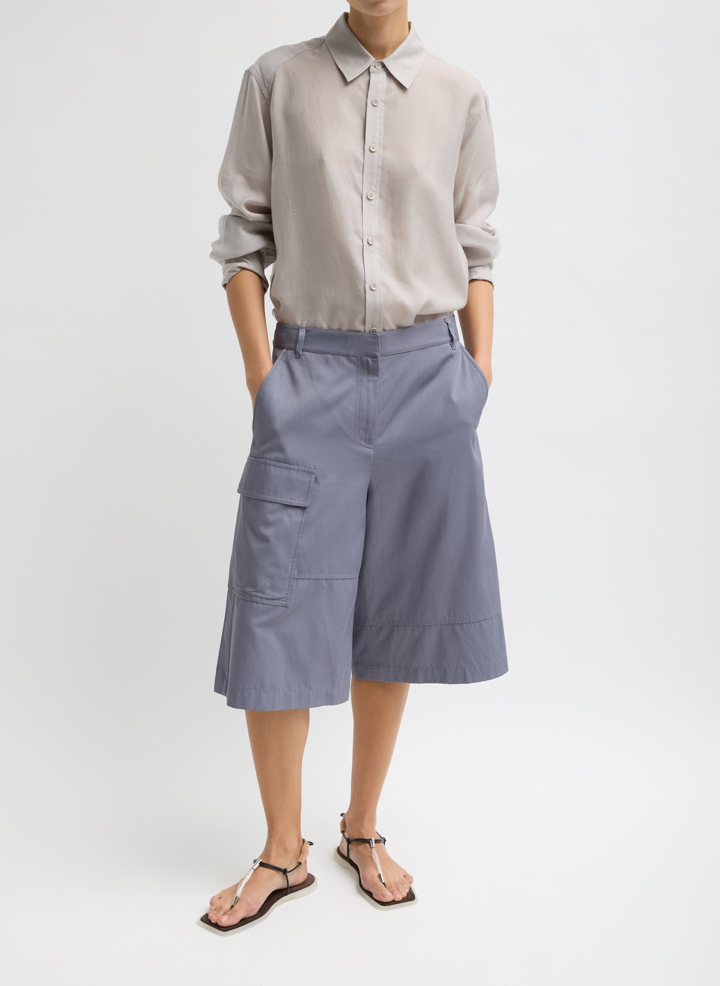 Stone Grey Silk Voile Charlie Men's Slim Shirt - button down, full look front view on model