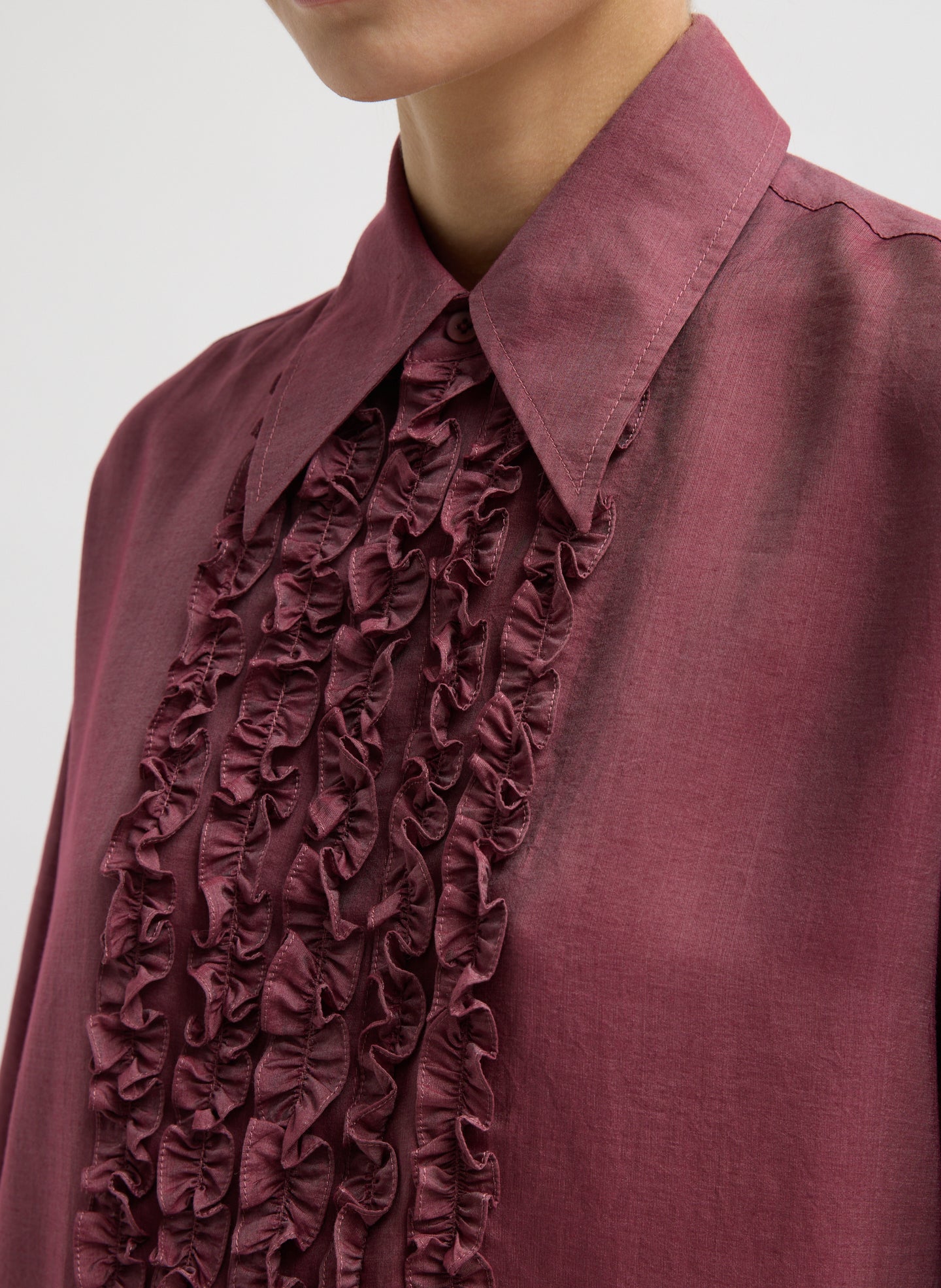 Light Mulberry Red Silk Voile Easy Tuxedo Shirt - closeup of tuxedo frilled bib detail