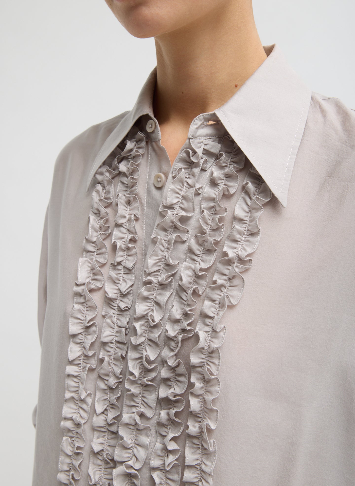 Stone Grey Silk Voile Easy Tuxedo Shirt - closeup of front ruffles and collar detail
