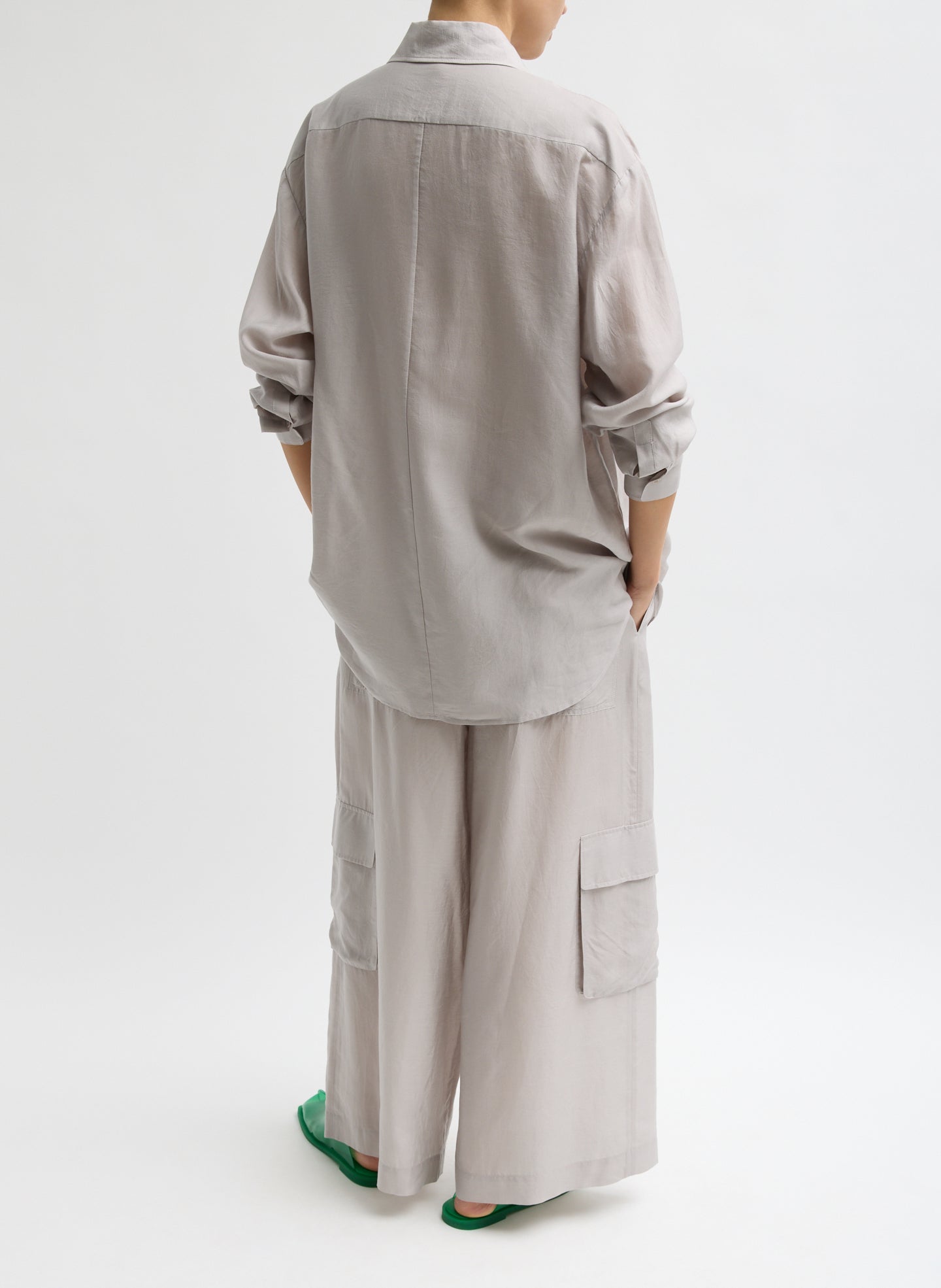 Stone Grey Silk Voile Easy Tuxedo Shirt - full look, back view on model