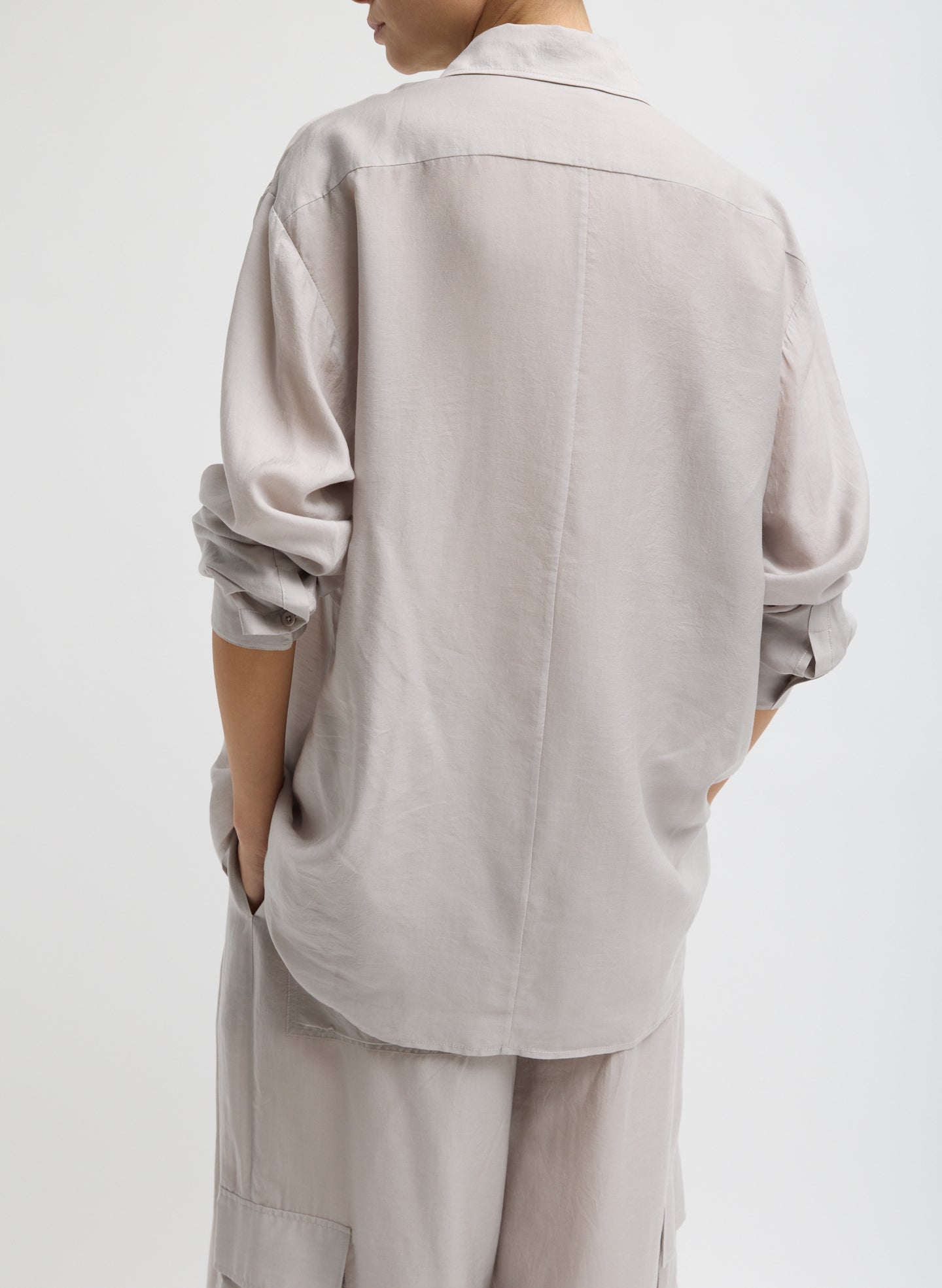 Stone Grey Silk Voile Easy Tuxedo Shirt - button down, back view on model