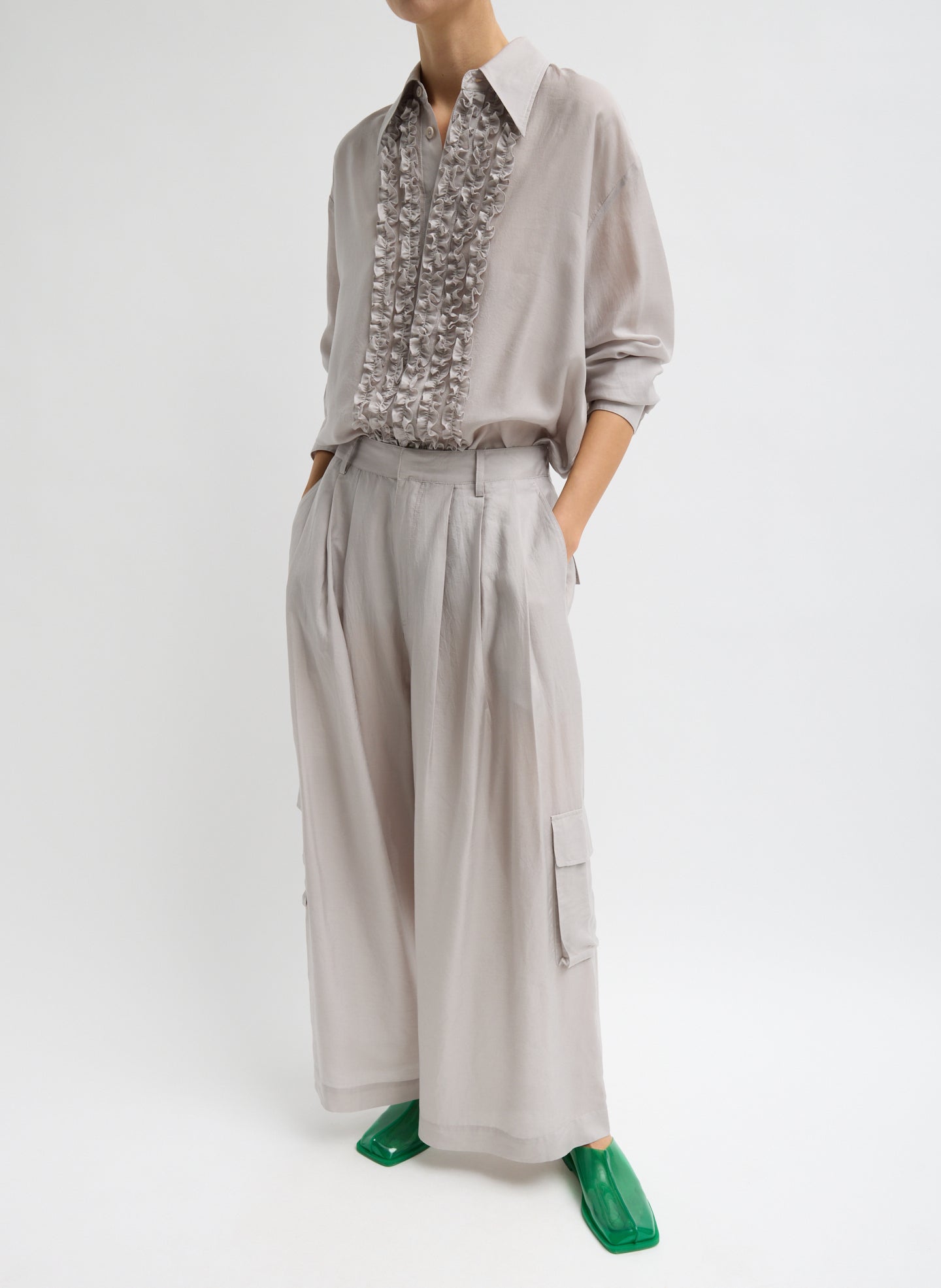 Stone Grey Silk Voile Easy Tuxedo Shirt - full look, front view on model