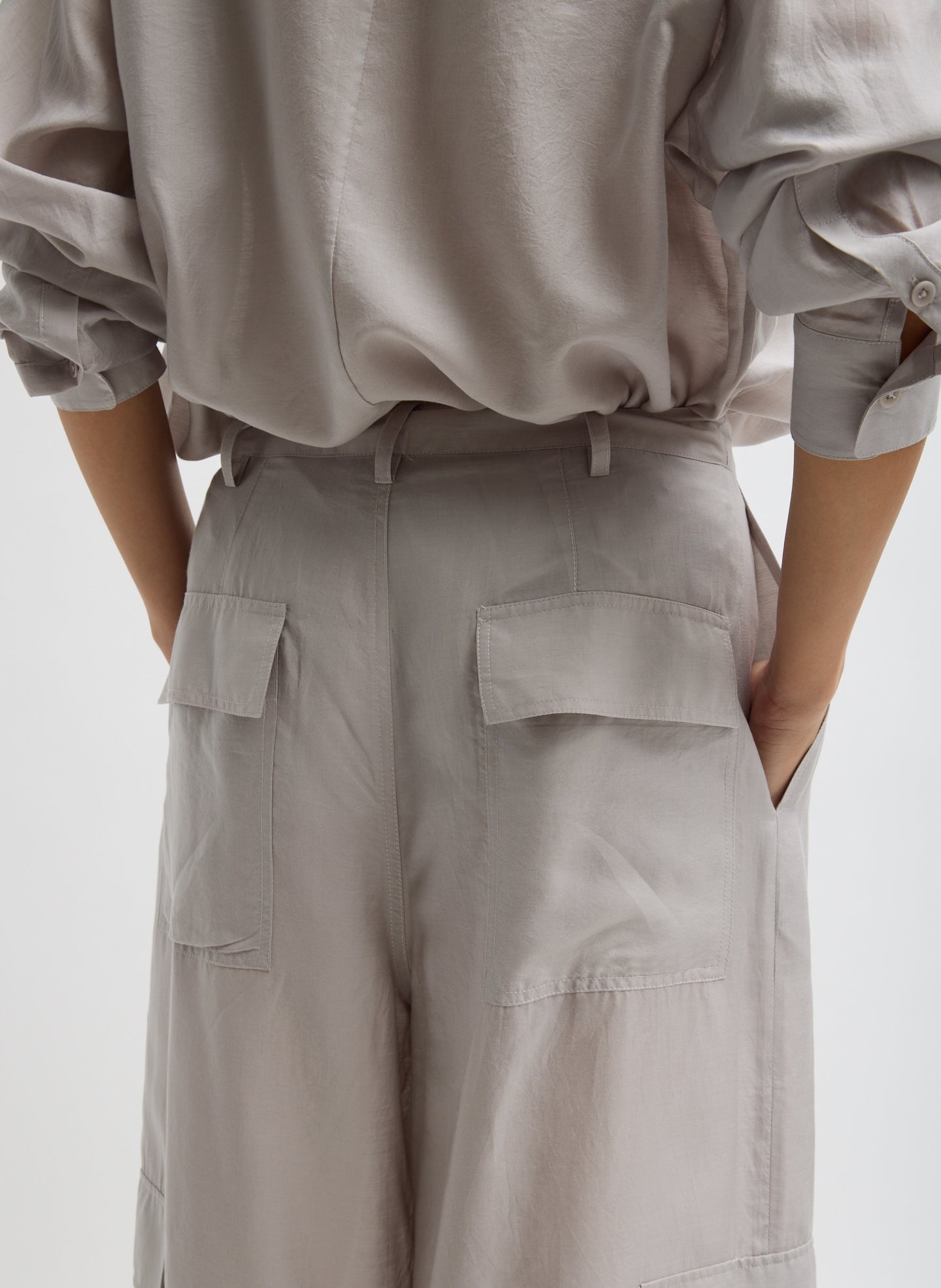 Stone Grey Silk Voile Easy Tuxedo Shirt - closeup of back view