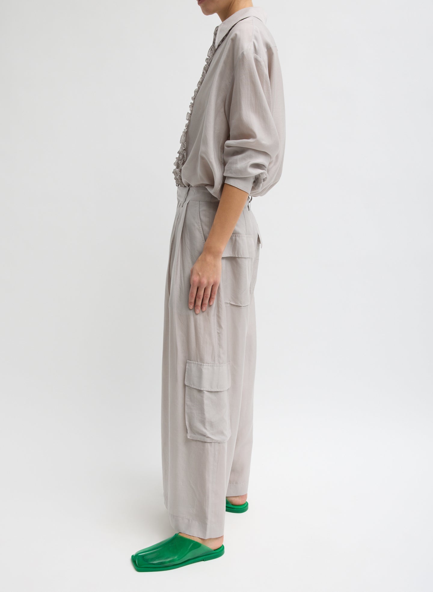 Stone Grey Silk Voile Easy Tuxedo Shirt - full look, side view on model