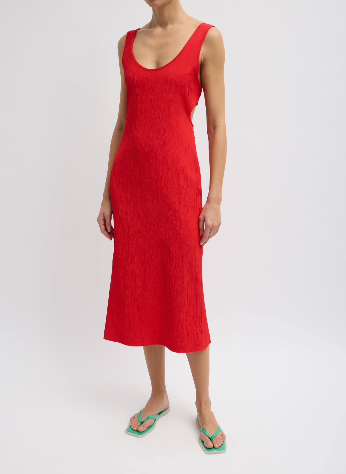 Red Creased Stretch Racerback Dress - midi tank dress, front view on model