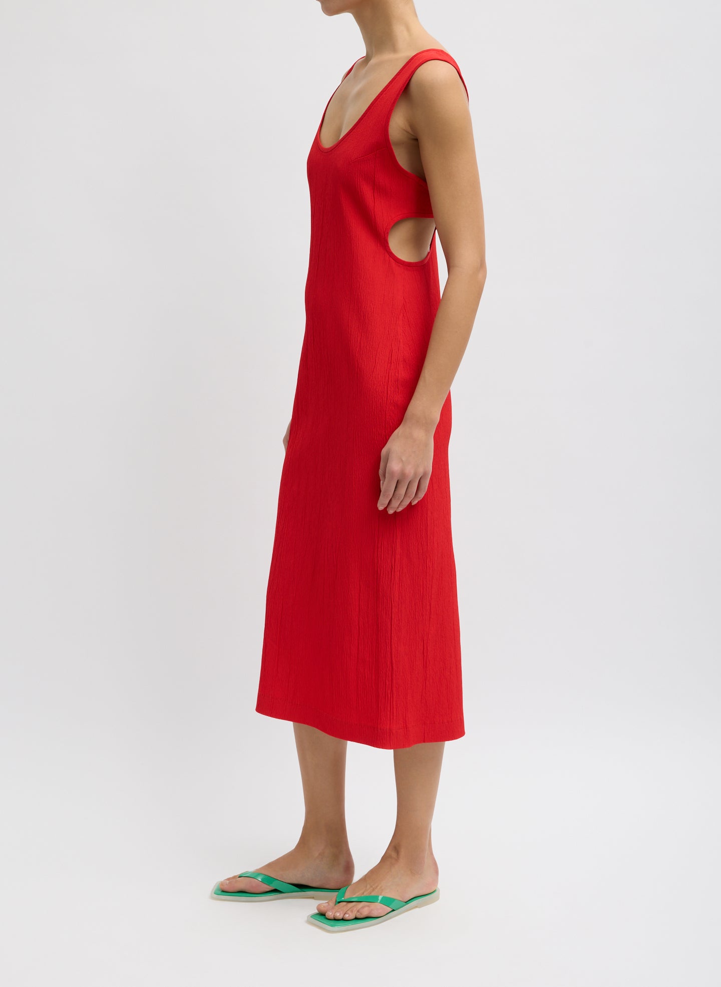 Red Creased Stretch Racerback Dress - midi tank dress, side view on model