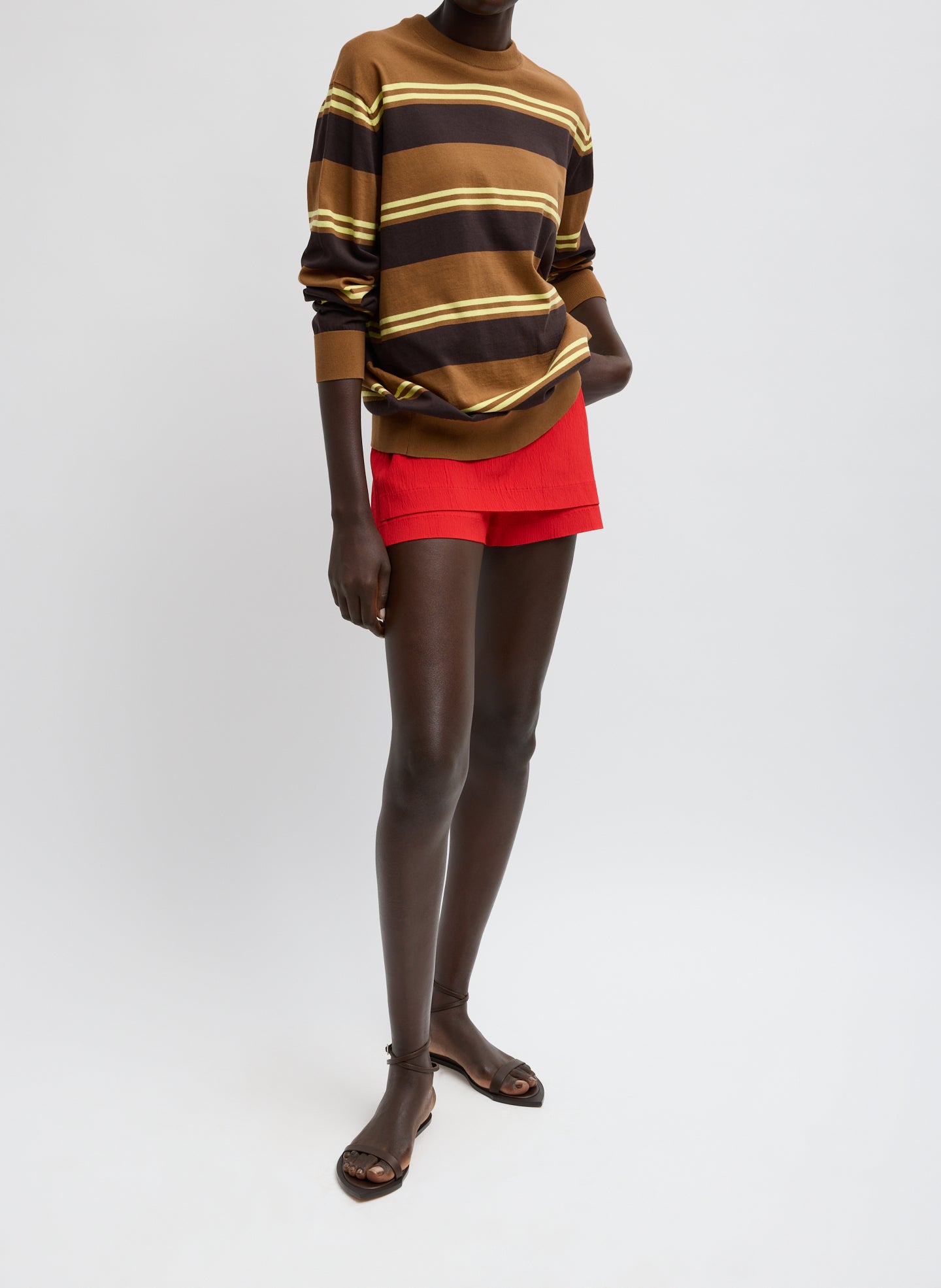 Red Creased Stretch Crepe Skort - full look, front view on model