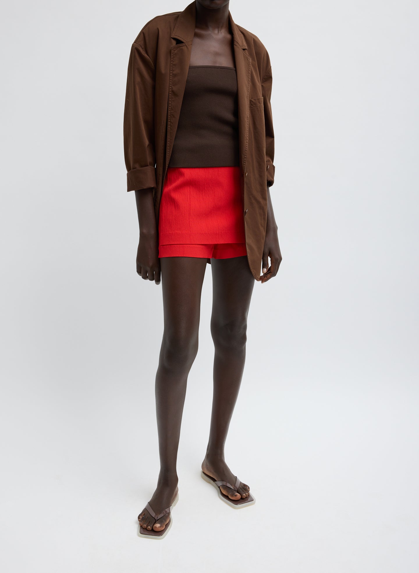 Red Creased Stretch Crepe Skort - full look, front view on model