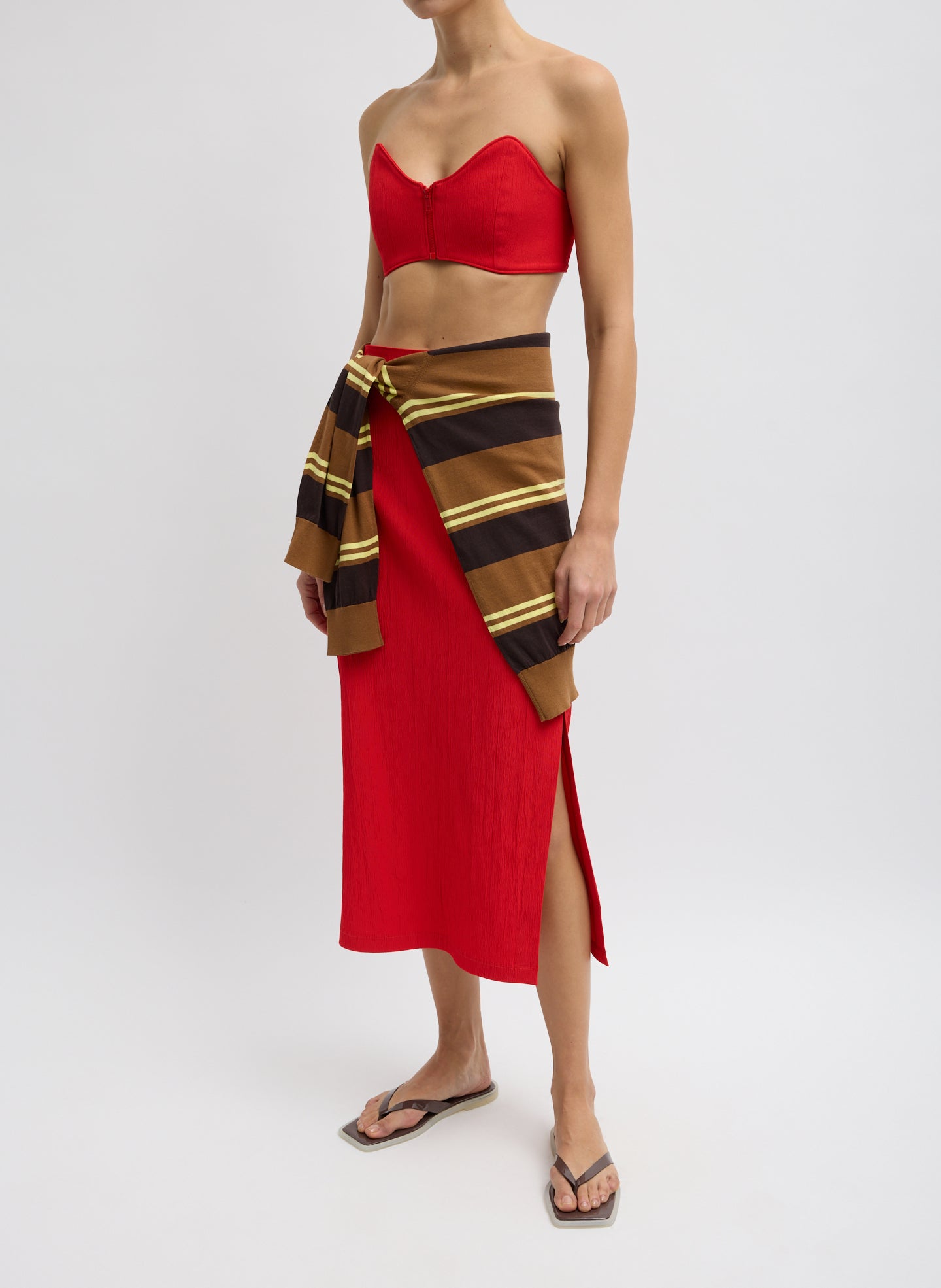 Red Creased Stretch Crepe Skirt - full look, front view on model