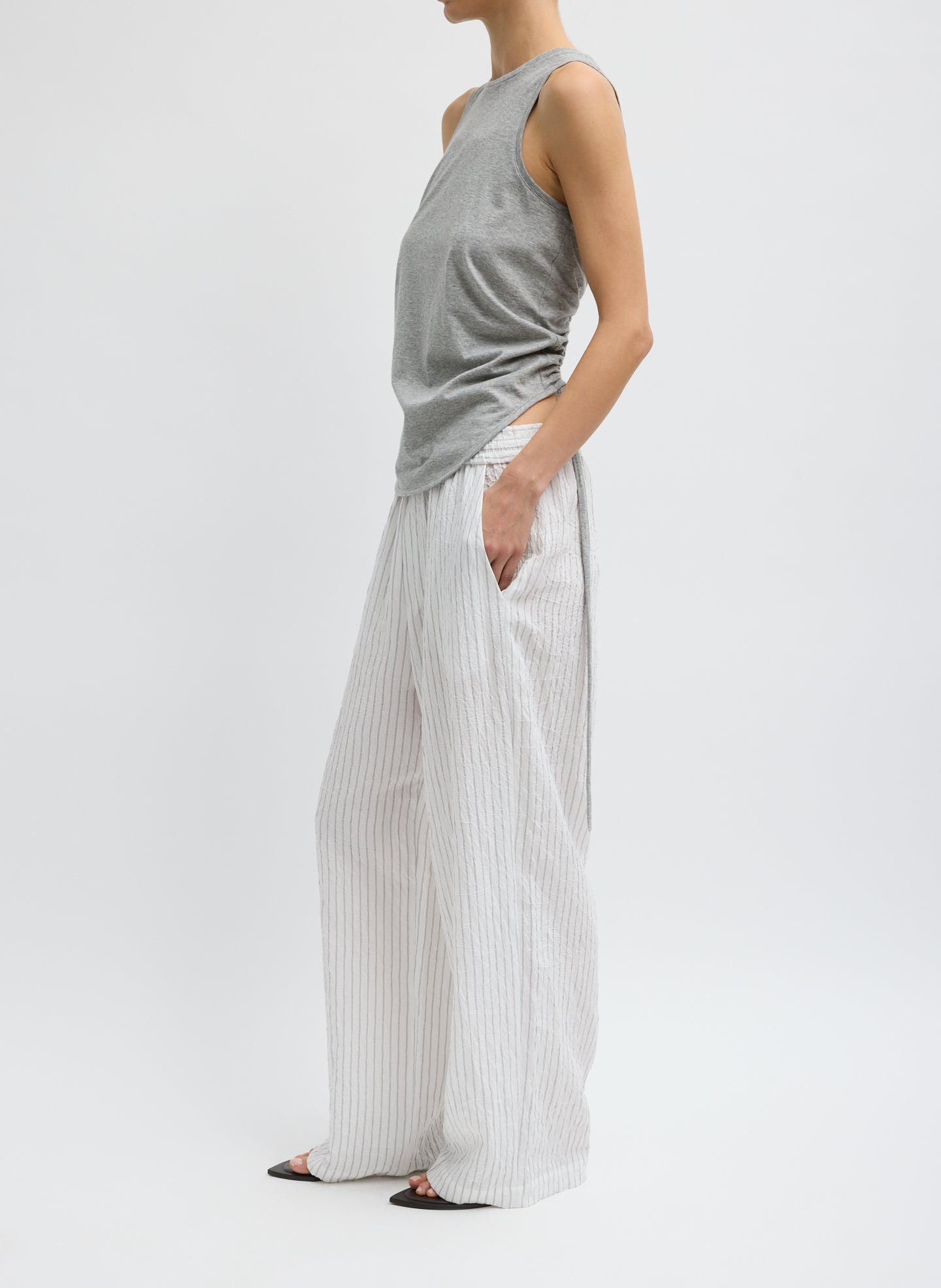 Ivory Multi Crinkle Stripe Summer Suiting Wide Leg Pull On Pant - striped lounge pant, side view on model