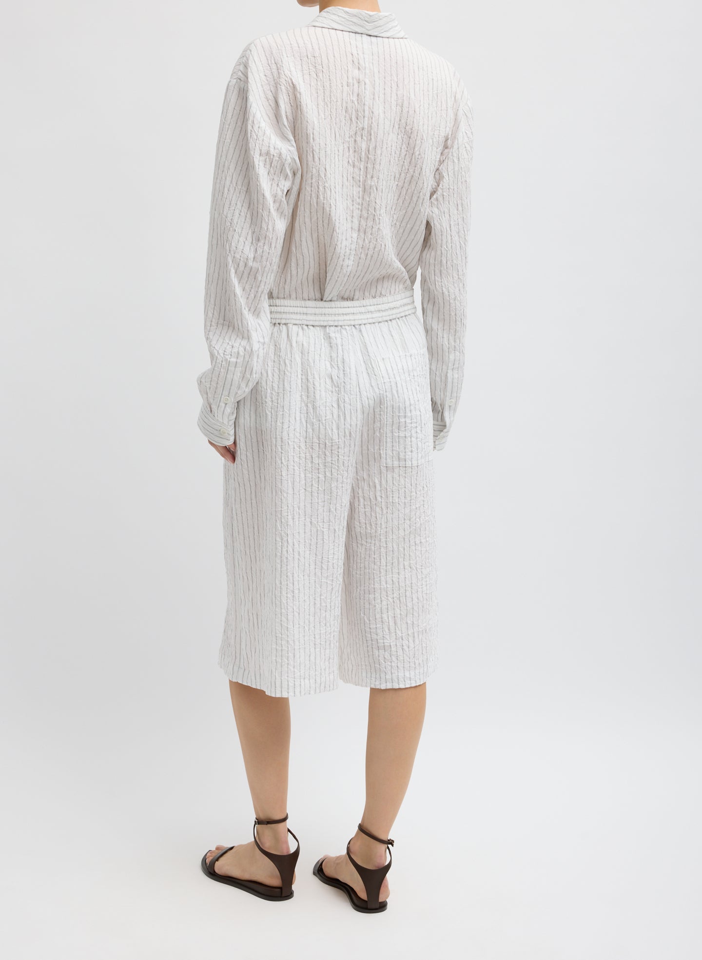 Ivory Multi Crinkle Stripe Summer Suiting Relaxed Long Short - back view on model