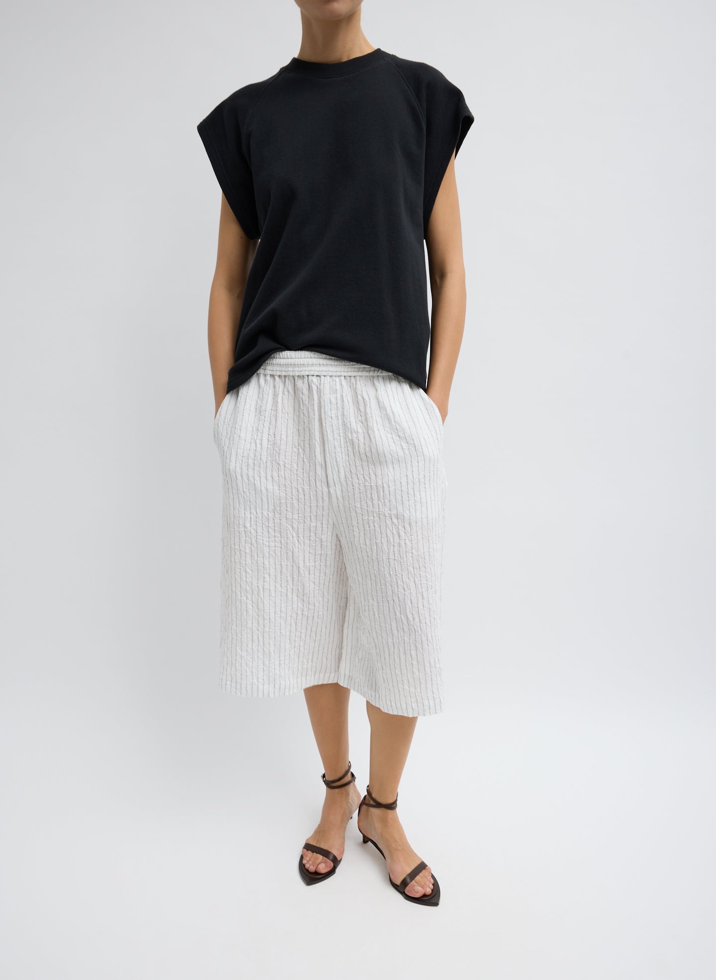 Ivory Multi Crinkle Stripe Summer Suiting Relaxed Long Short - full look front view on model