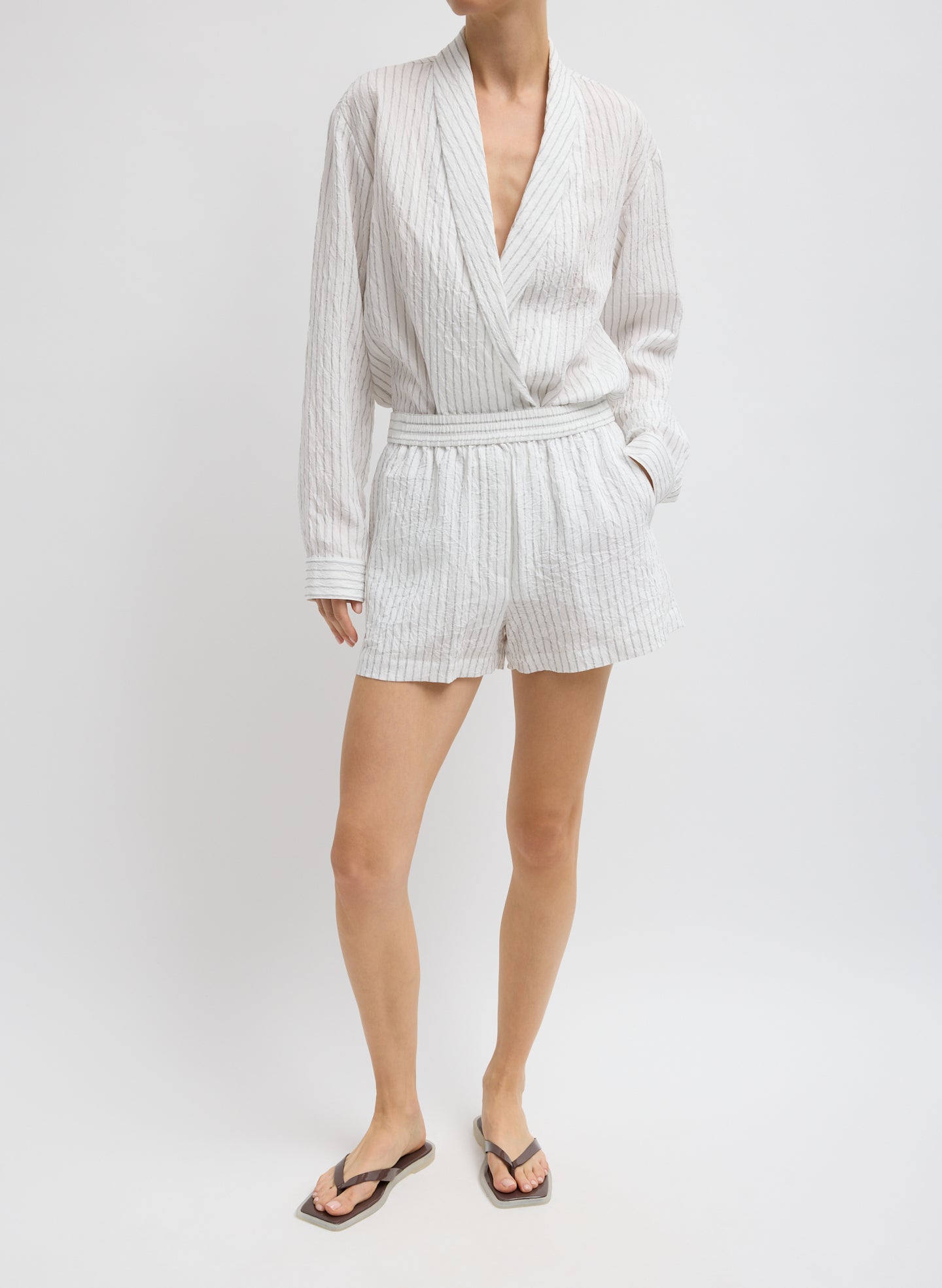 Ivory Multi Crinkle Stripe Summer Suiting Pull On Shorts - front view on model