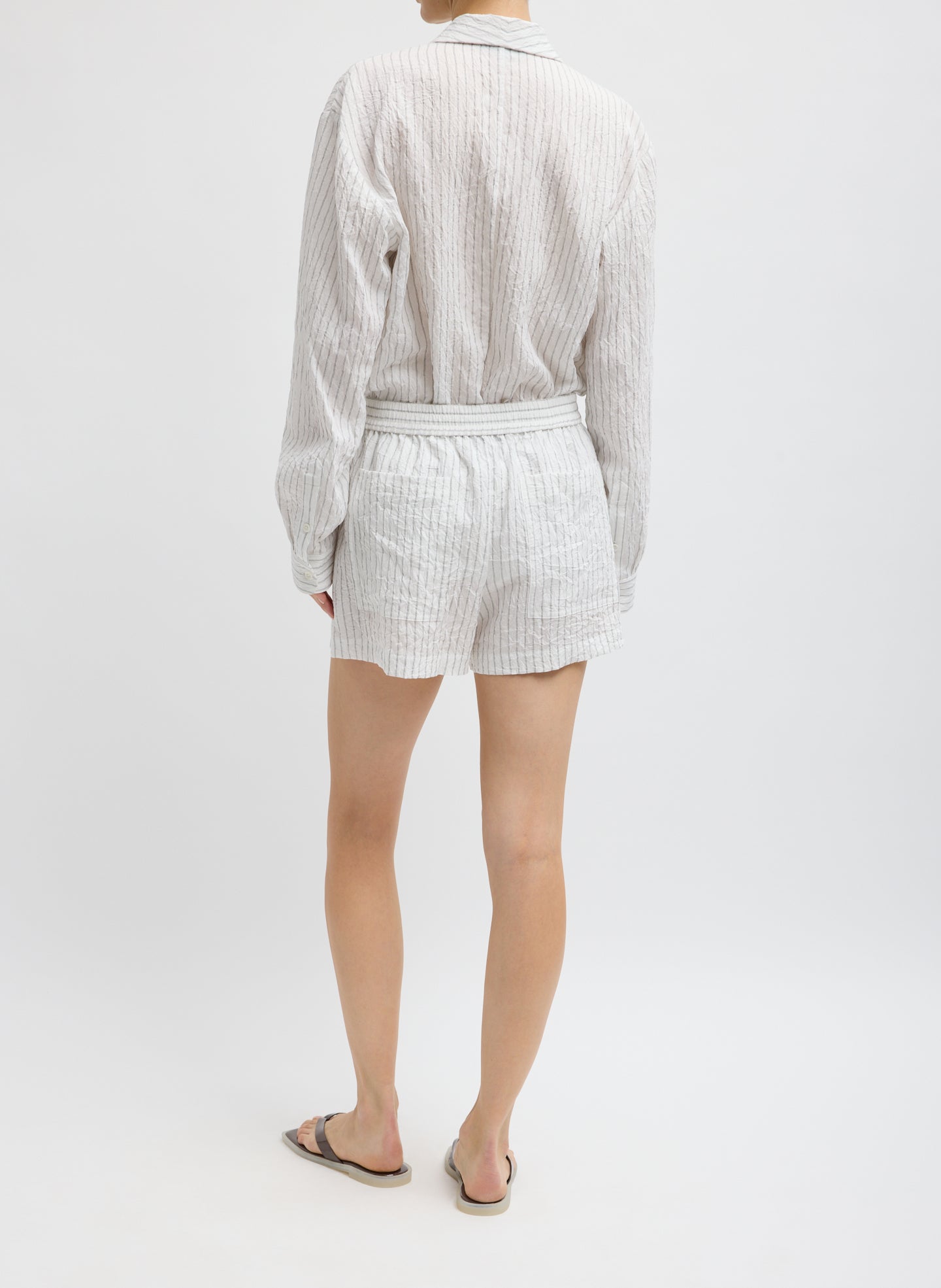 Ivory Multi Crinkle Stripe Summer Suiting Pull On Shorts - back view on model