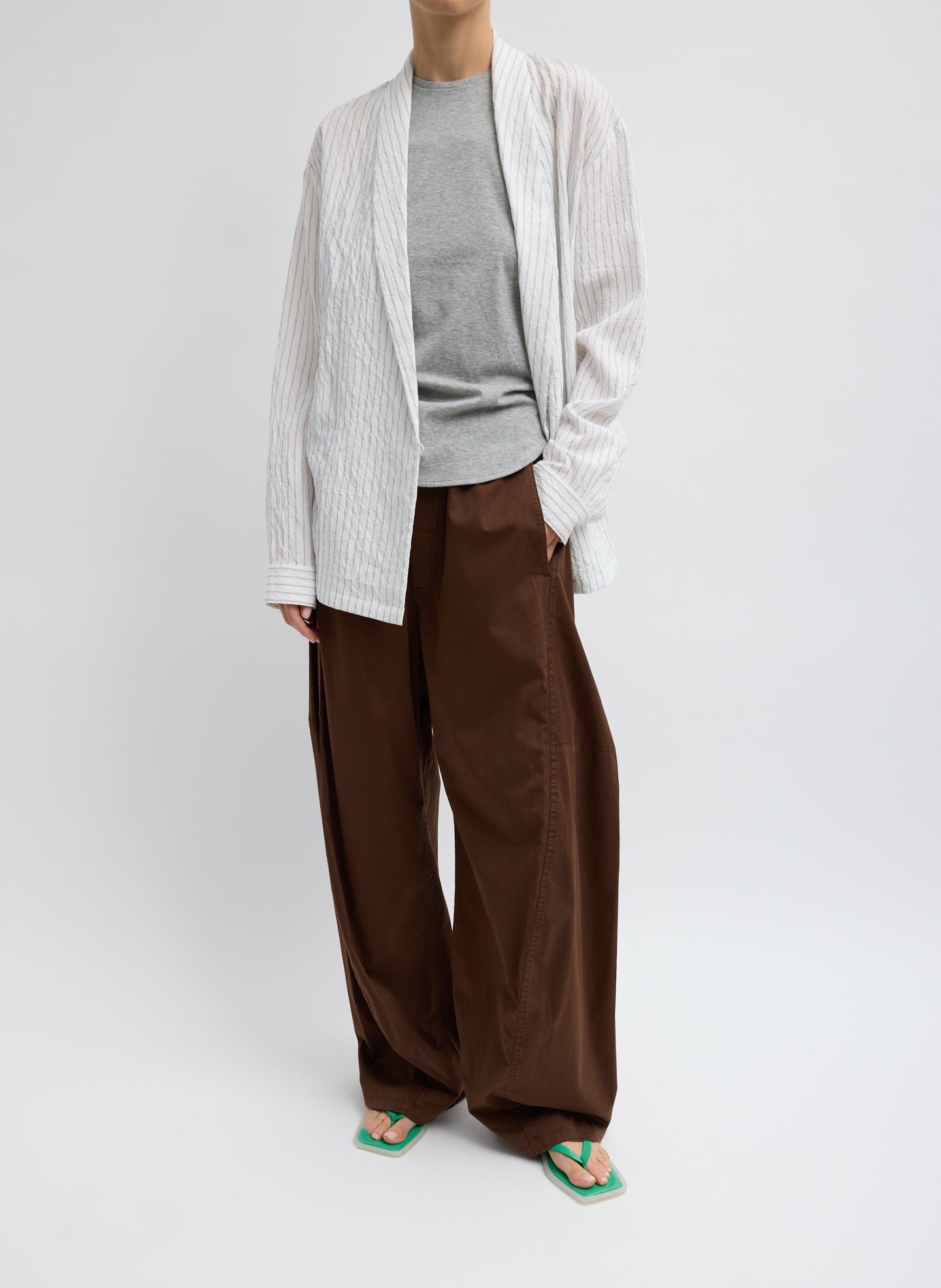 Ivory Multi Crinkle Stirpe Summer Suiting Shawl Collar Blazer - full look, front view on model
