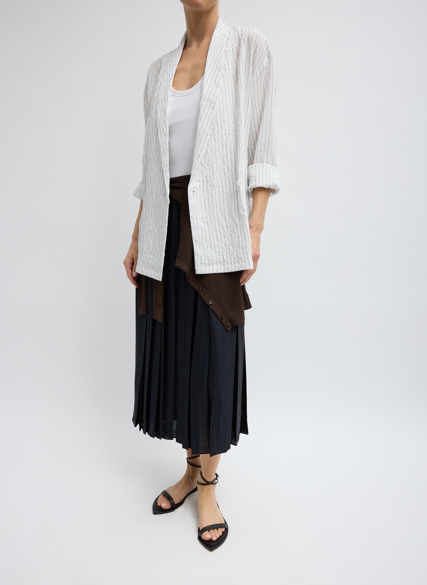 Ivory Multi Crinkle Stirpe Summer Suiting Shawl Collar Blazer - full look, front view on model