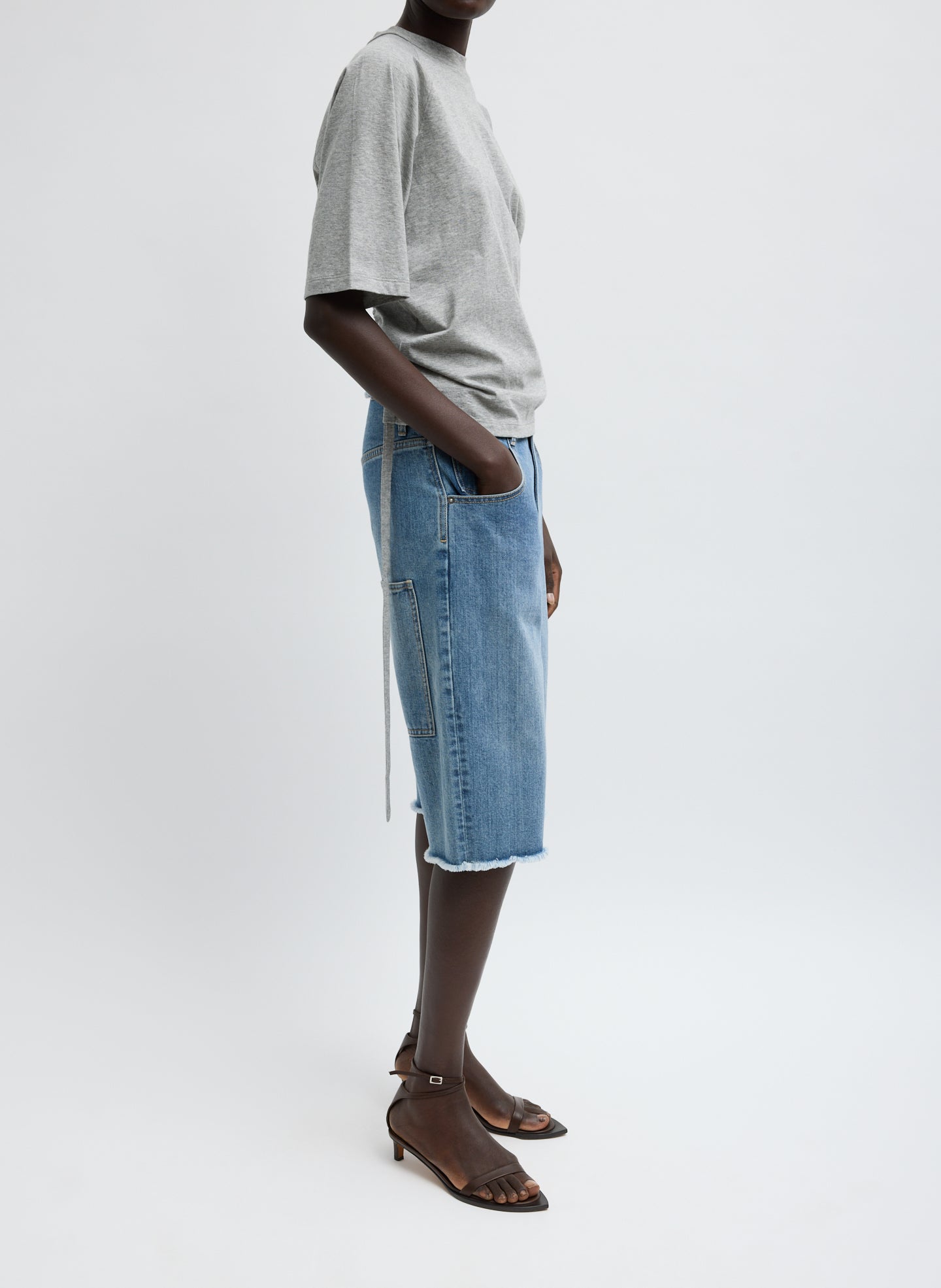Classic Wash Denim Newman Short - long denim shorts, side view on model